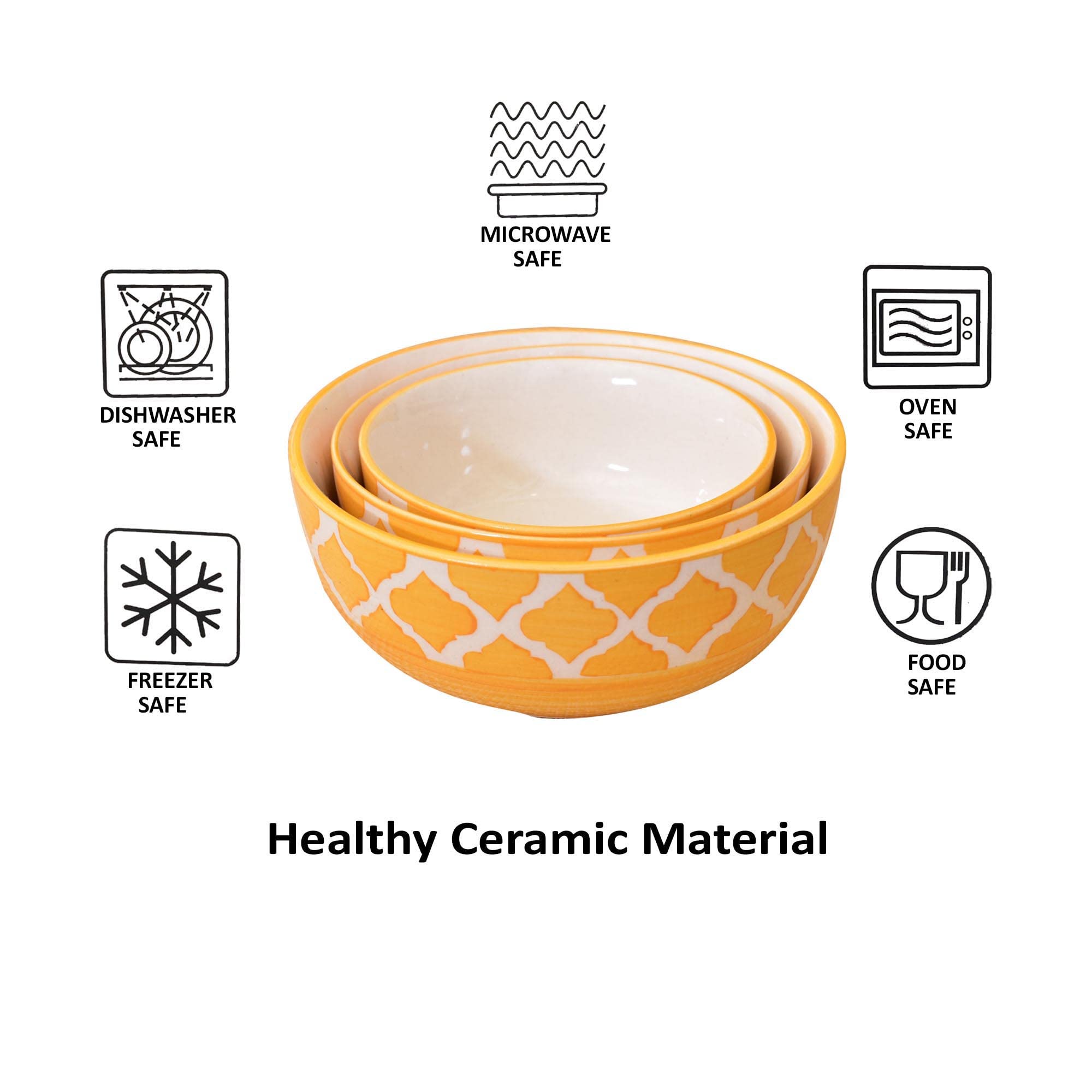 Kunhar Ceramic Mixing Bowls - 750 ML, 500 ML and 300 ML, 3 Pieces, Yellow