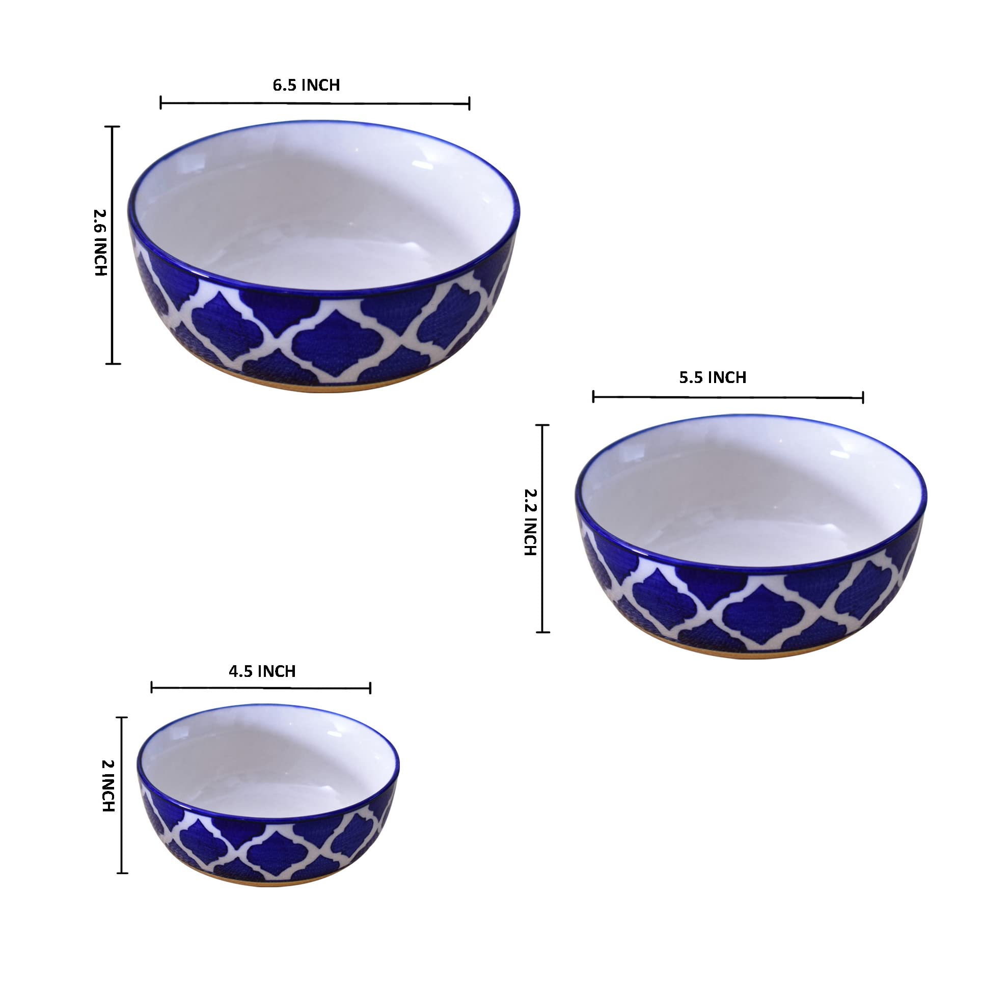 Kunhar Ceramic Mixing Bowls - 750 ML, 500 ML and 300 ML, 3 Pieces, Yellow Blue