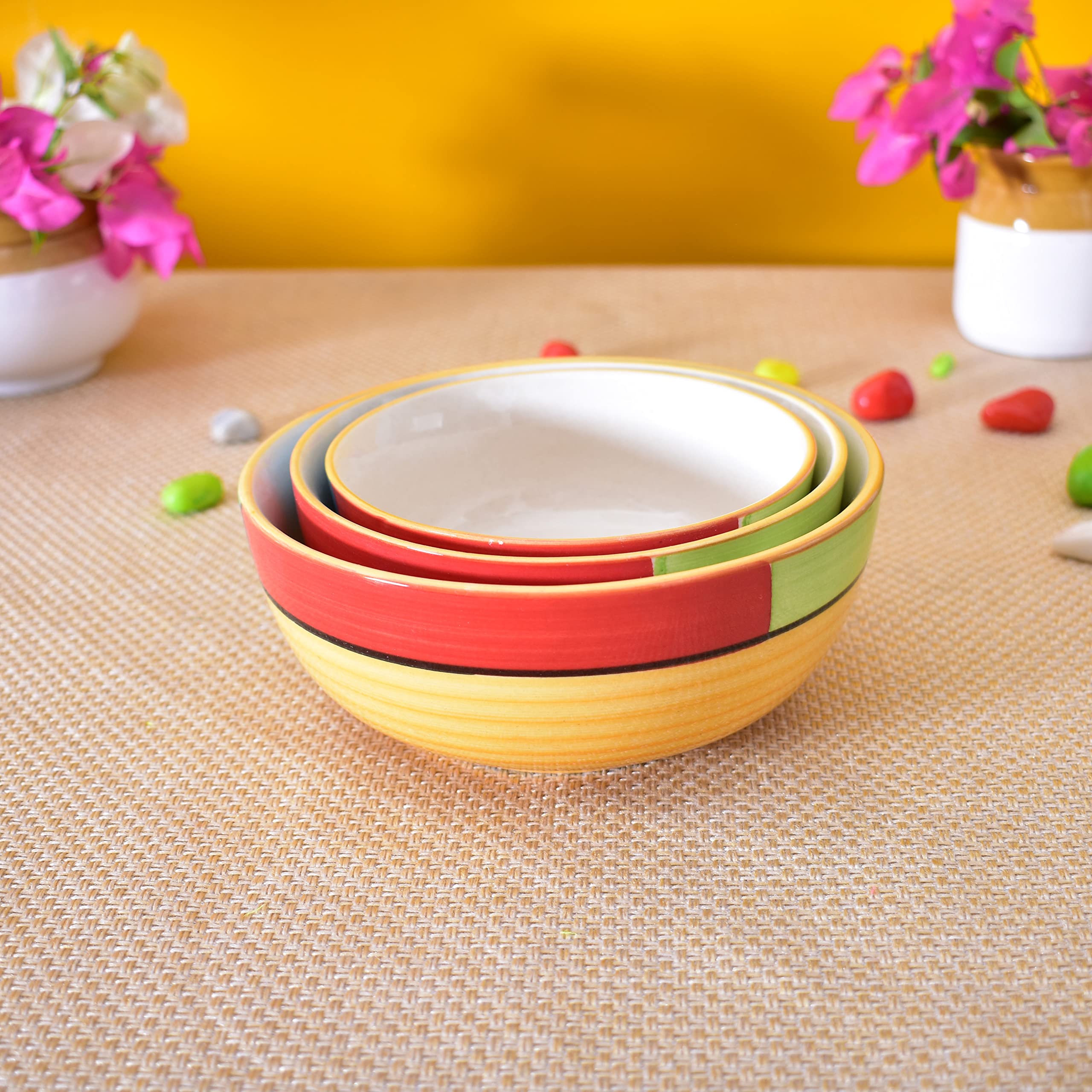 Kunhar Ceramic Mixing Bowls - 750 ML, 500 ML and 300 ML, 3 Pieces, Yellow