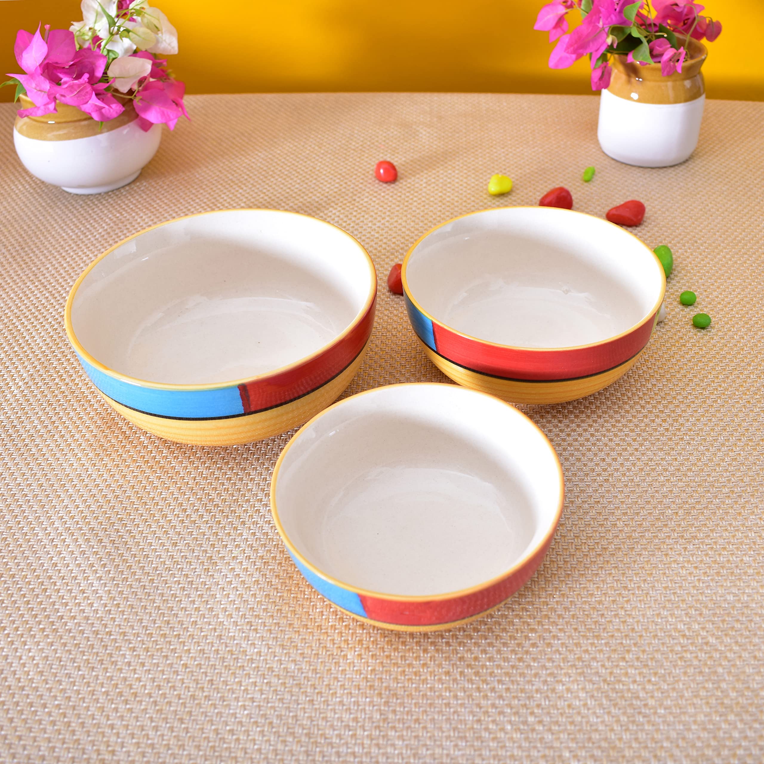 Kunhar Ceramic Mixing Bowls - 750 ML, 500 ML and 300 ML, 3 Pieces, Yellow