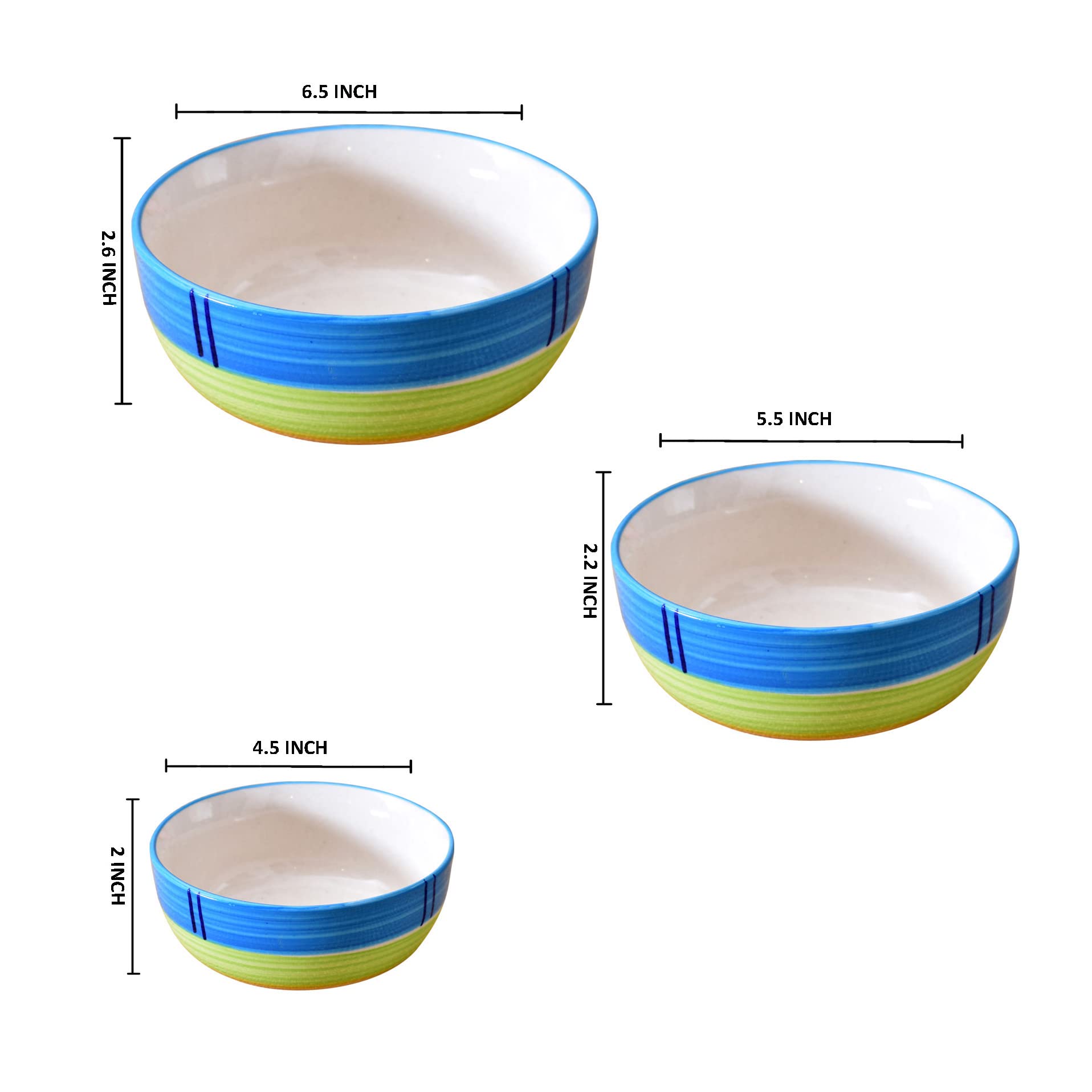 Kunhar Ceramic Mixing Bowls - 750 ML, 500 ML and 300 ML, 3 Pieces, Green
