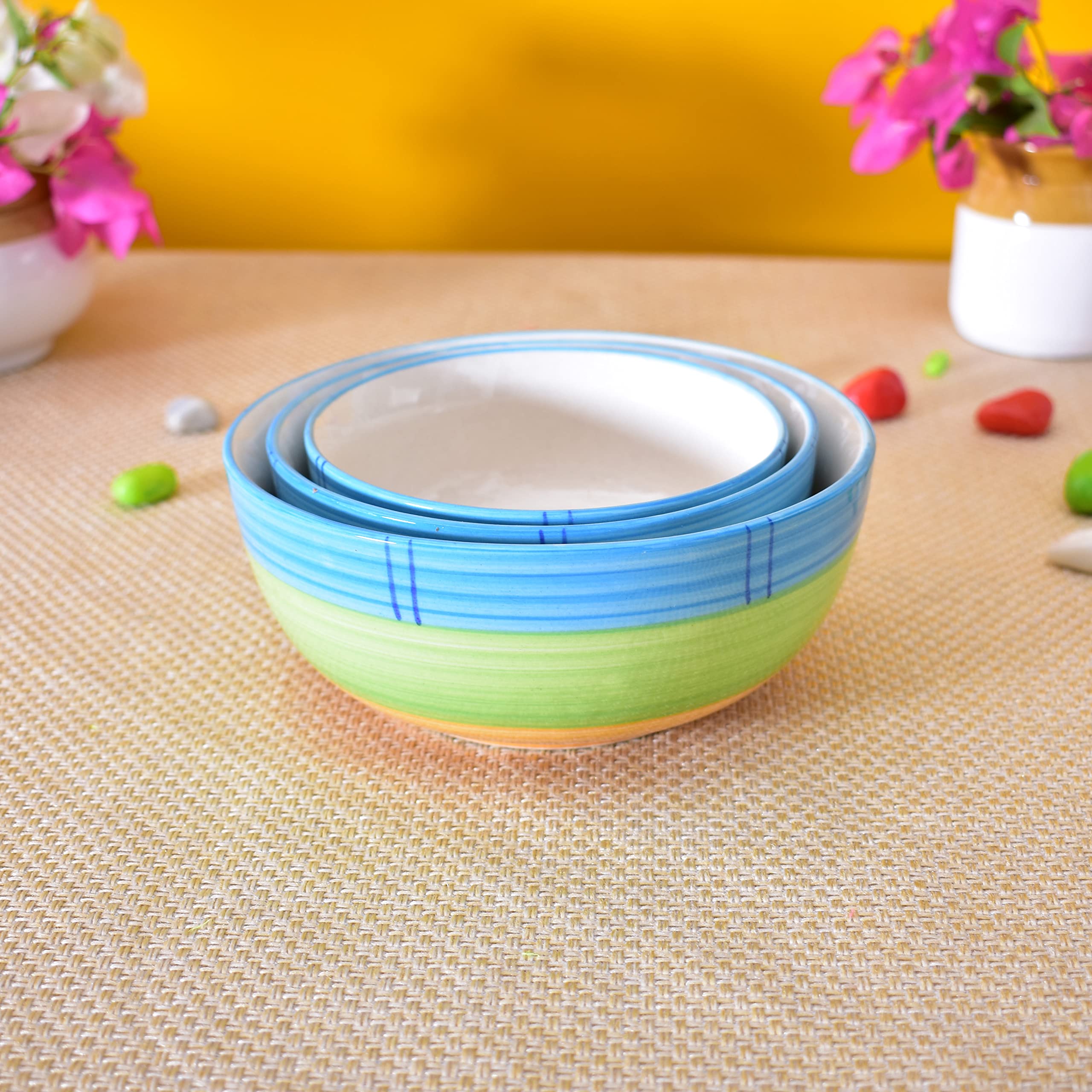 Kunhar Ceramic Mixing Bowls - 750 ML, 500 ML and 300 ML, 3 Pieces, Green