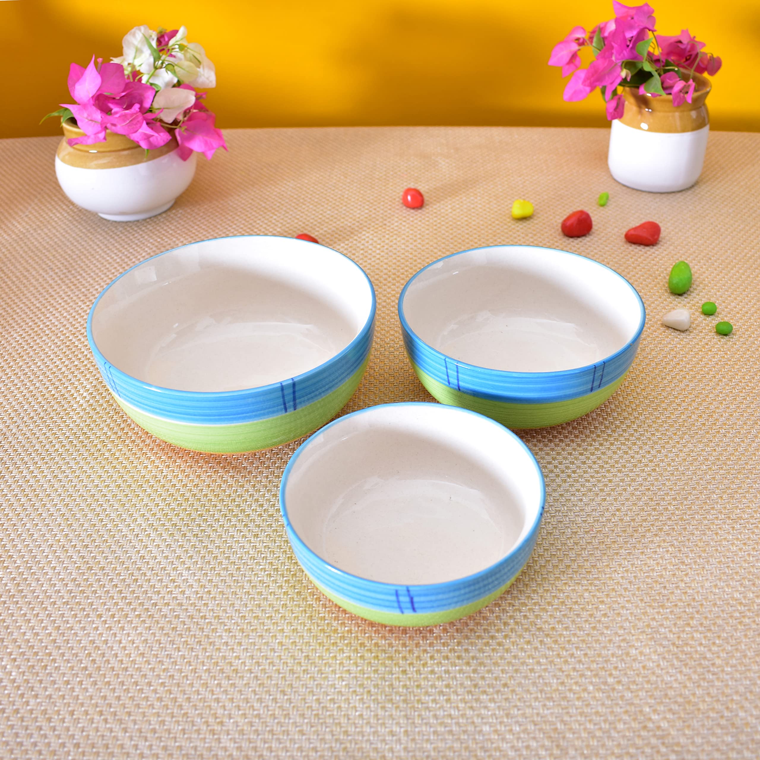 Kunhar Ceramic Mixing Bowls - 750 ML, 500 ML and 300 ML, 3 Pieces, Green