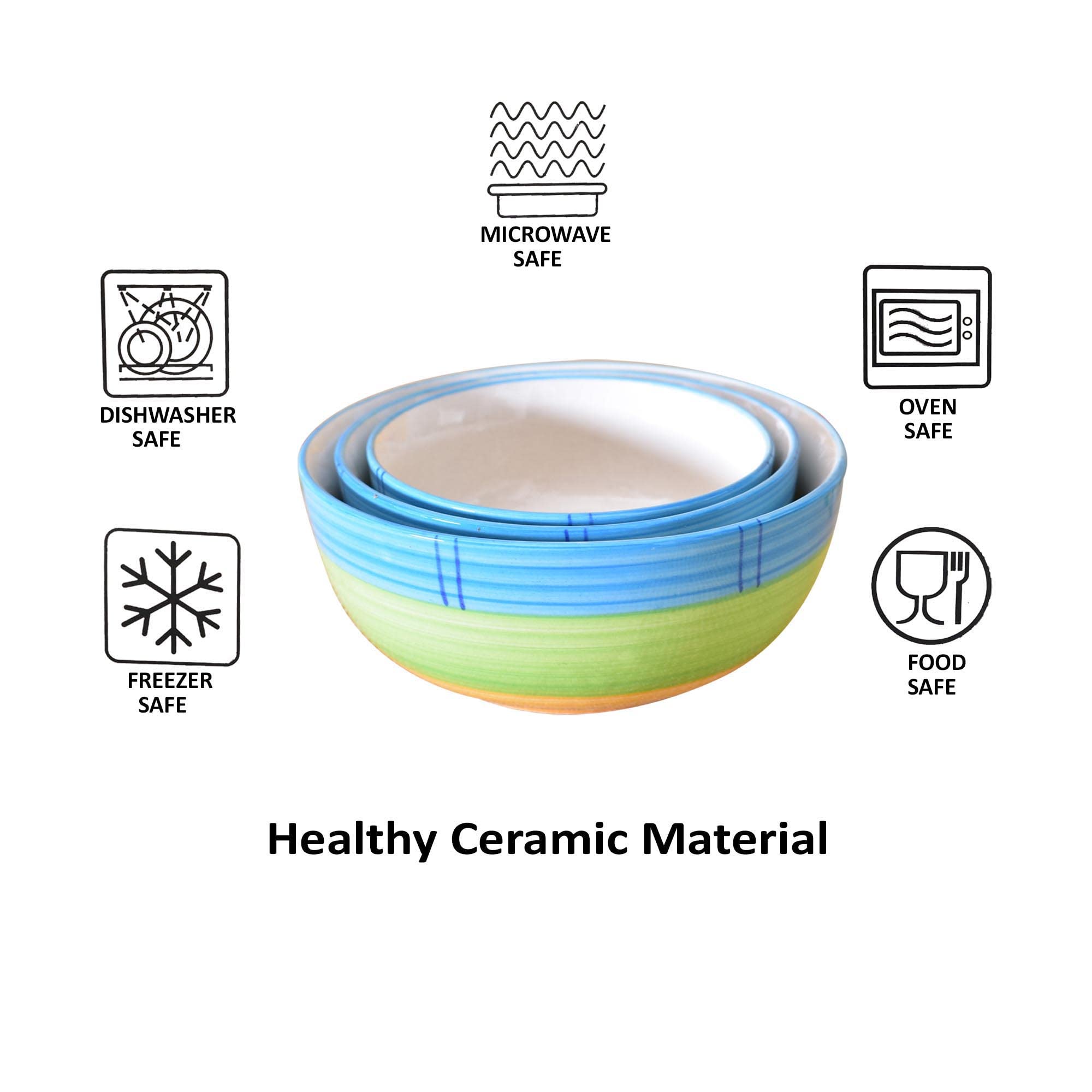 Kunhar Ceramic Mixing Bowls - 750 ML, 500 ML and 300 ML, 3 Pieces, Green