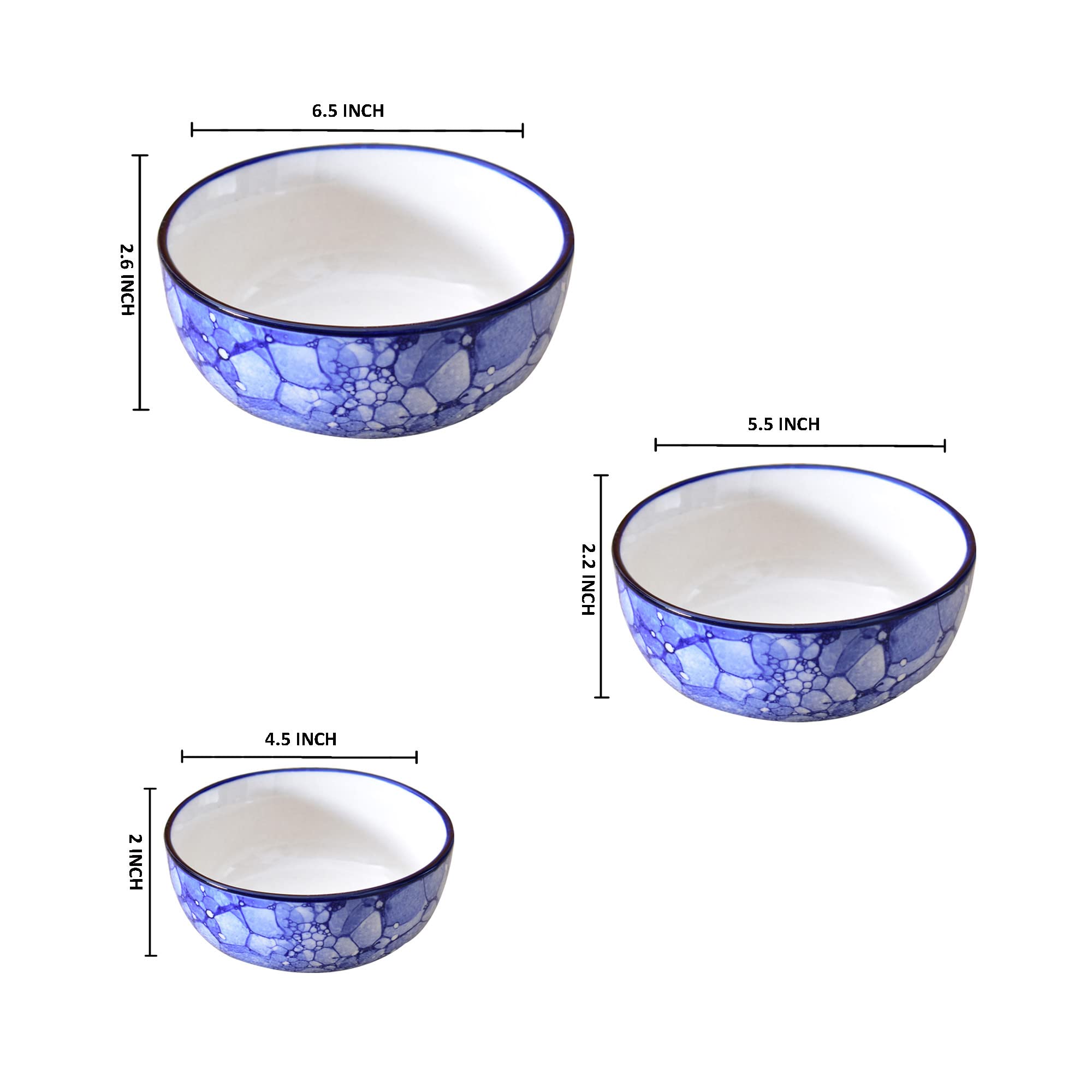 Kunhar Ceramic Mixing Bowls - 750 ML, 500 ML and 300 ML, 3 Pieces, Blue Luster