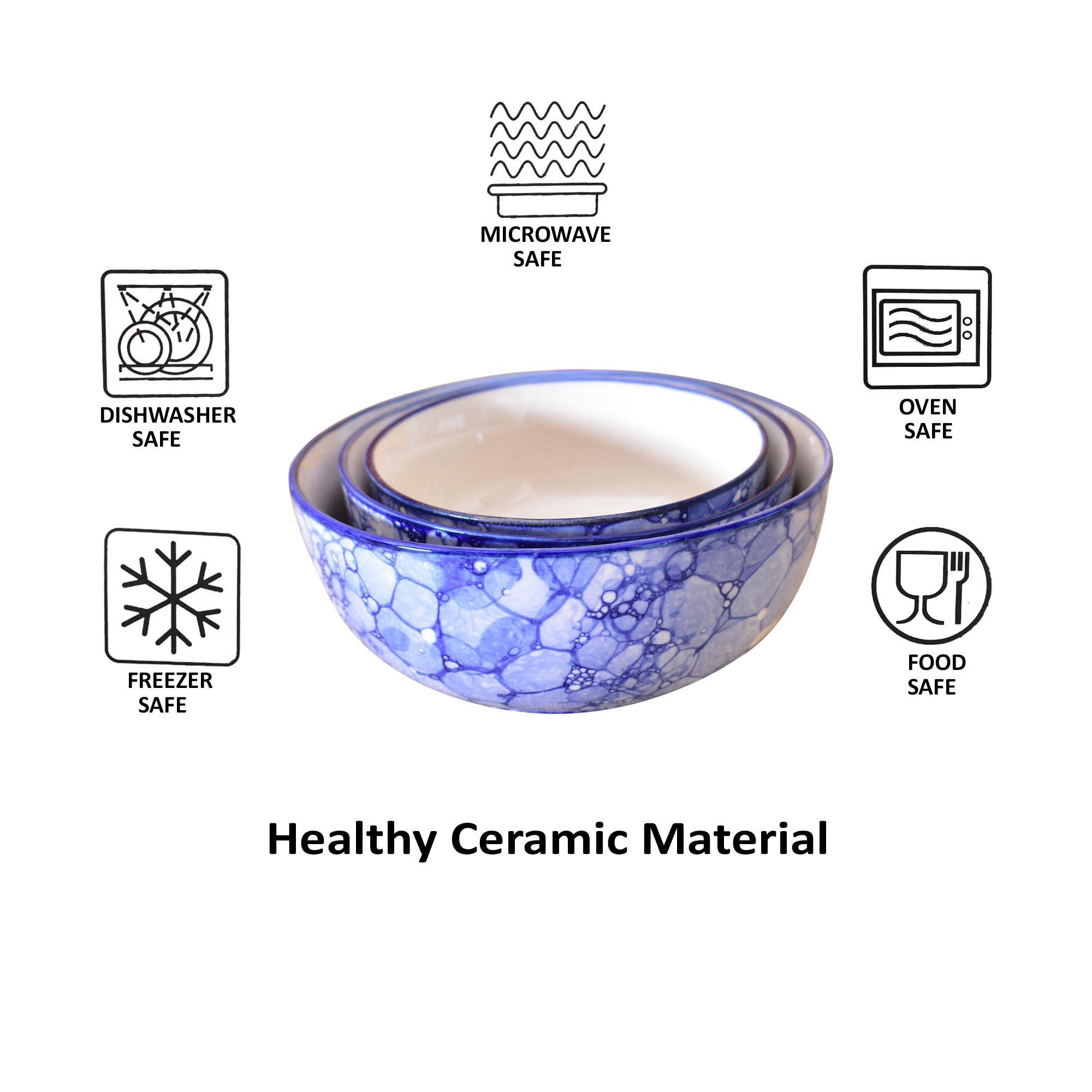 Kunhar Ceramic Mixing Bowls - 750 ML, 500 ML and 300 ML, 3 Pieces, Blue Luster