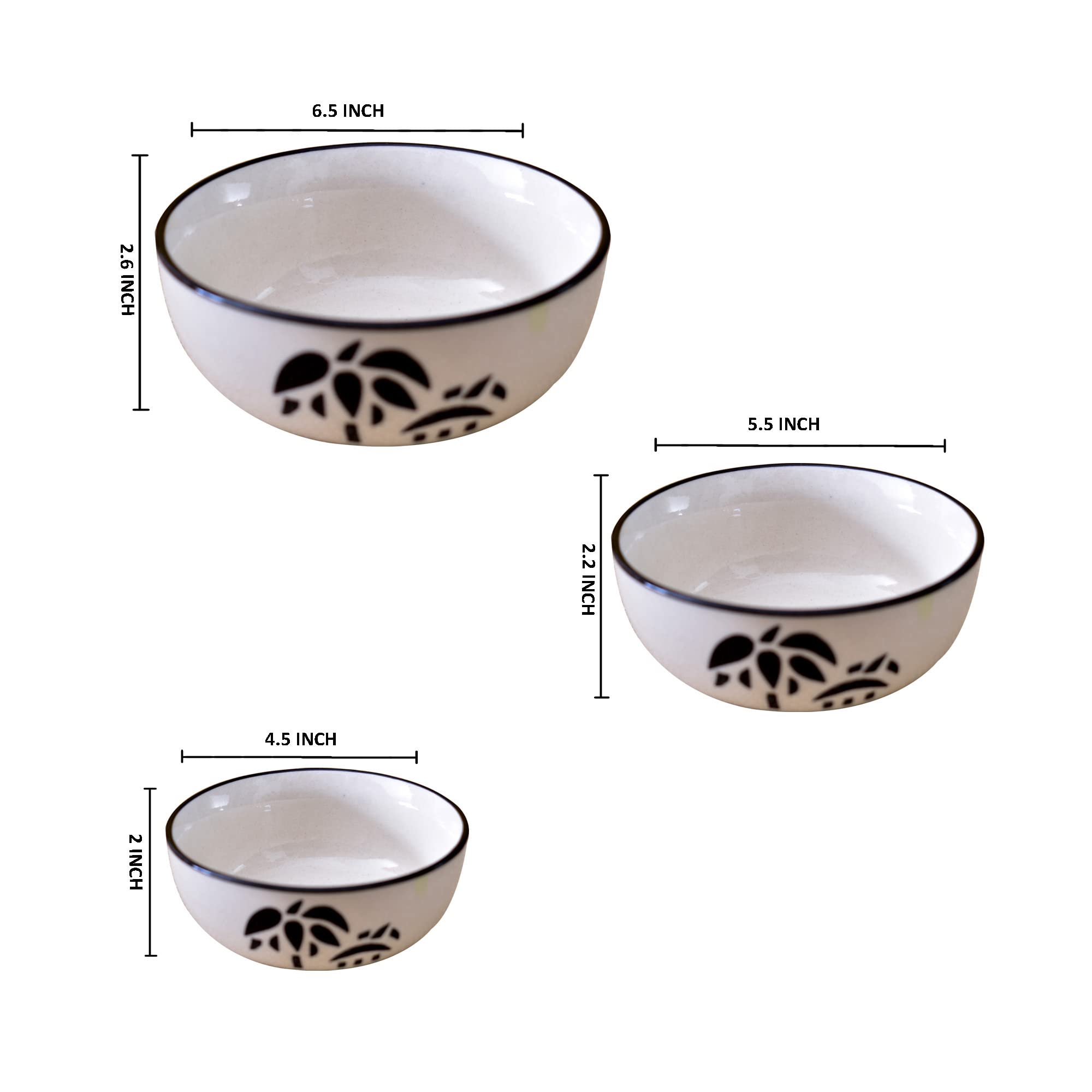Kunhar Ceramic Mixing Bowls - 750 ML, 500 ML and 300 ML, 3 Pieces, White