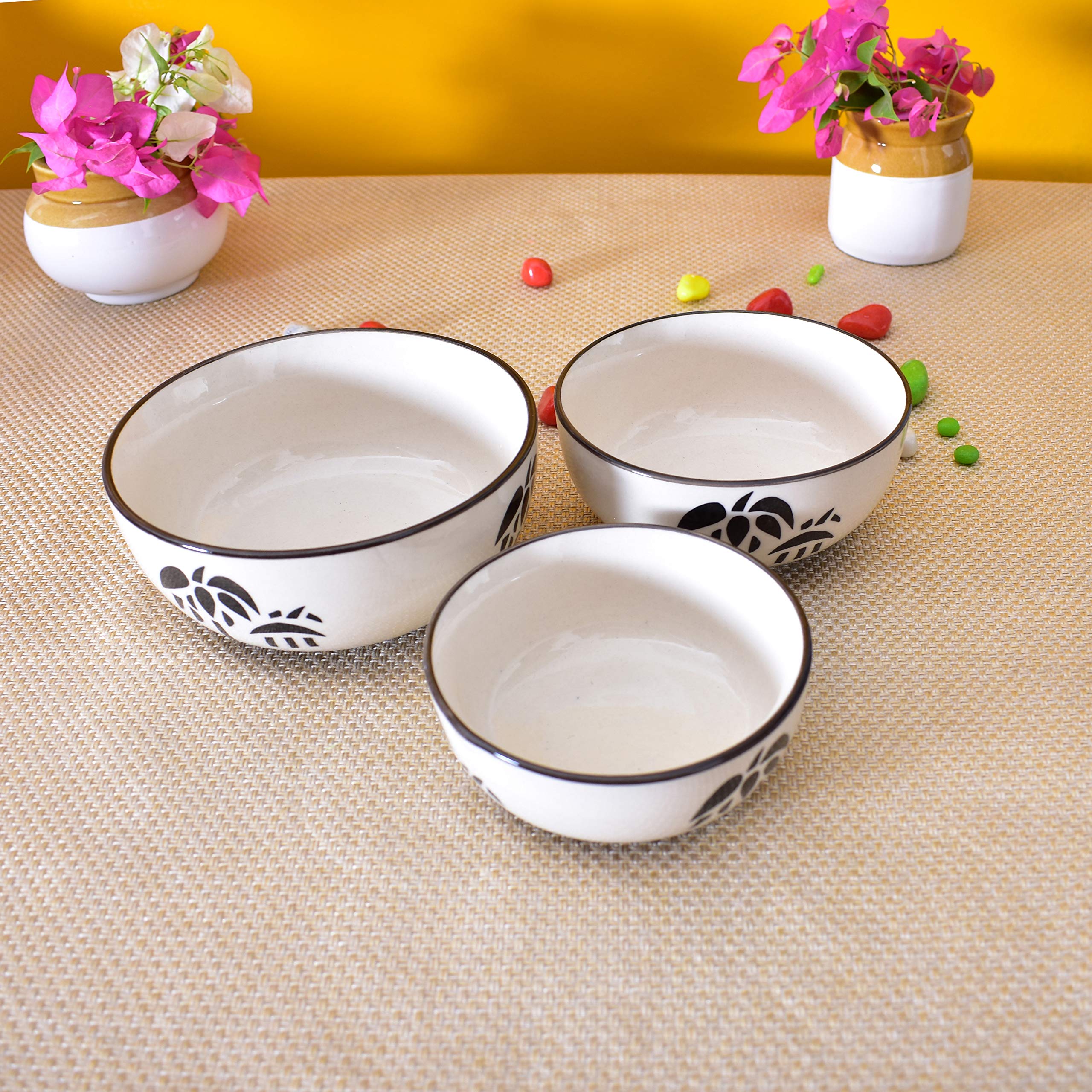 Kunhar Ceramic Mixing Bowls - 750 ML, 500 ML and 300 ML, 3 Pieces, White