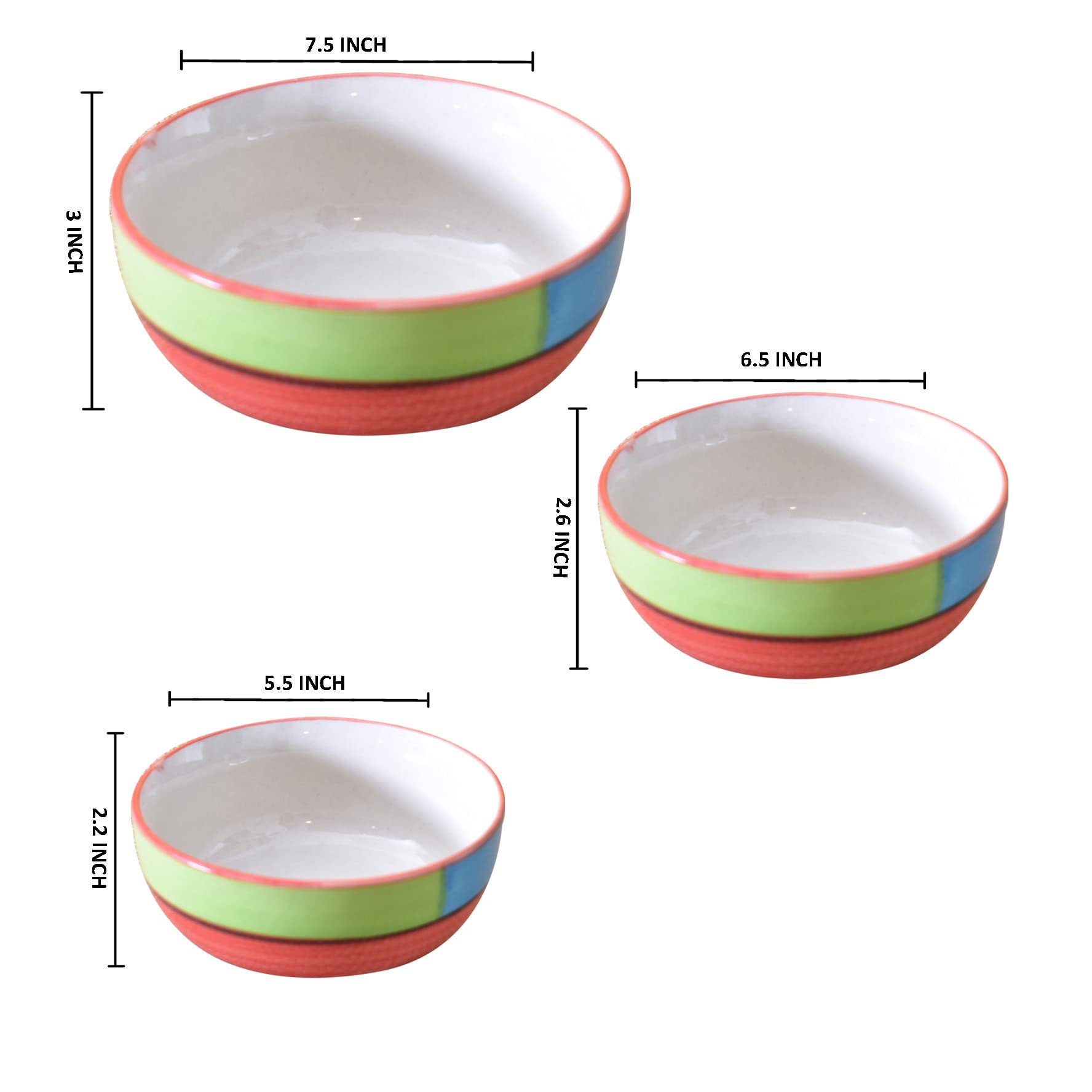 Kunhar Ceramic Mixing Bowls - 1500 ML, 800 ML and 600 ML, 3 Pieces, Red