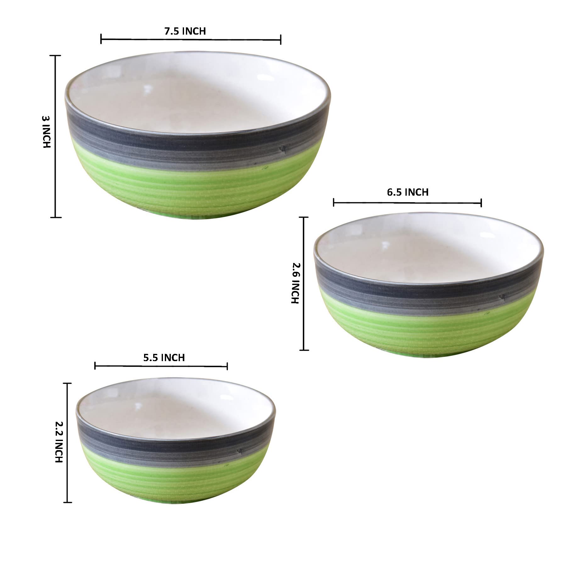 Kunhar Ceramic Mixing Bowls - 1500 ML, 800 ML and 600 ML, 3 Pieces, Green Grey
