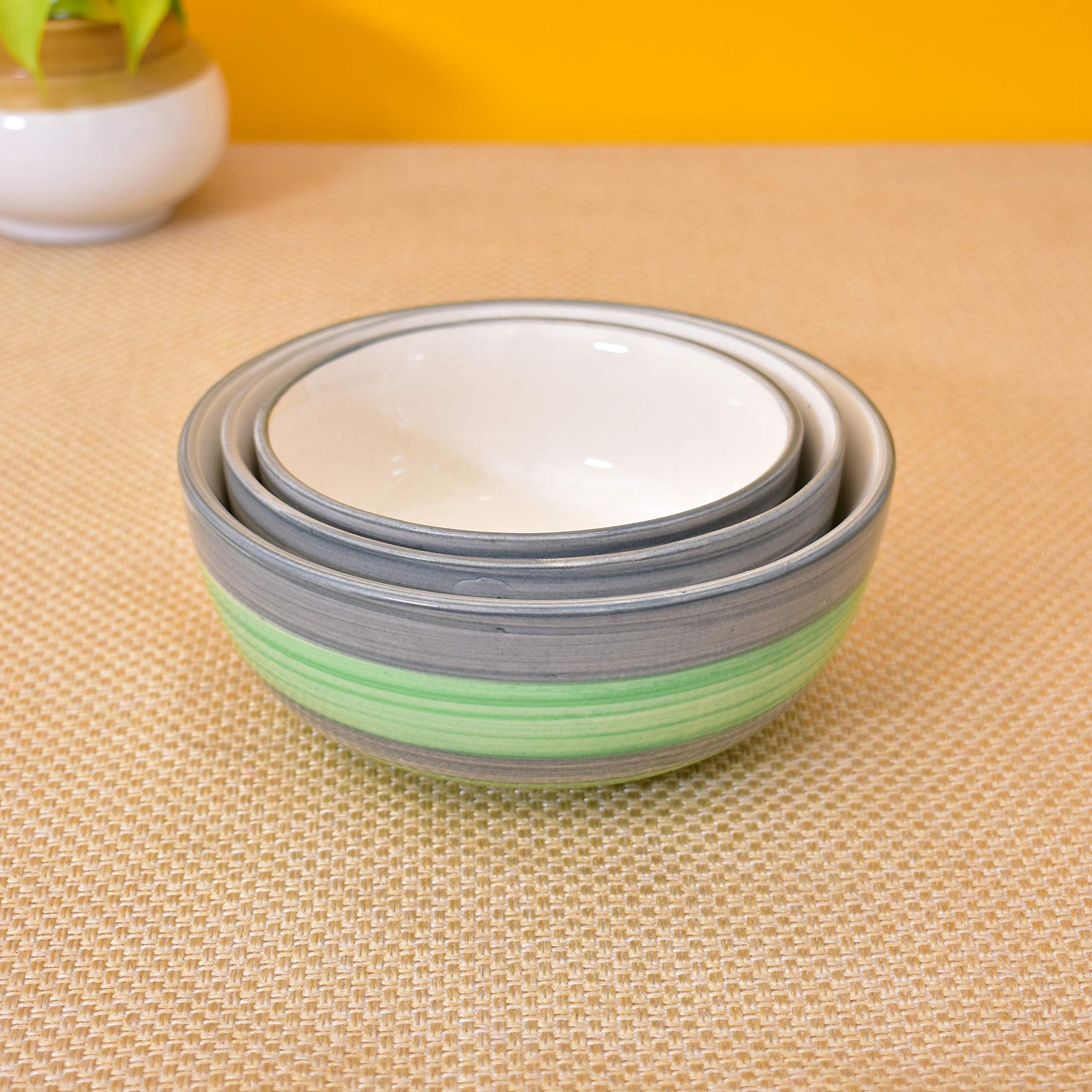 Kunhar Ceramic Mixing Bowls - 1500 ML, 800 ML and 600 ML, 3 Pieces, Green Grey