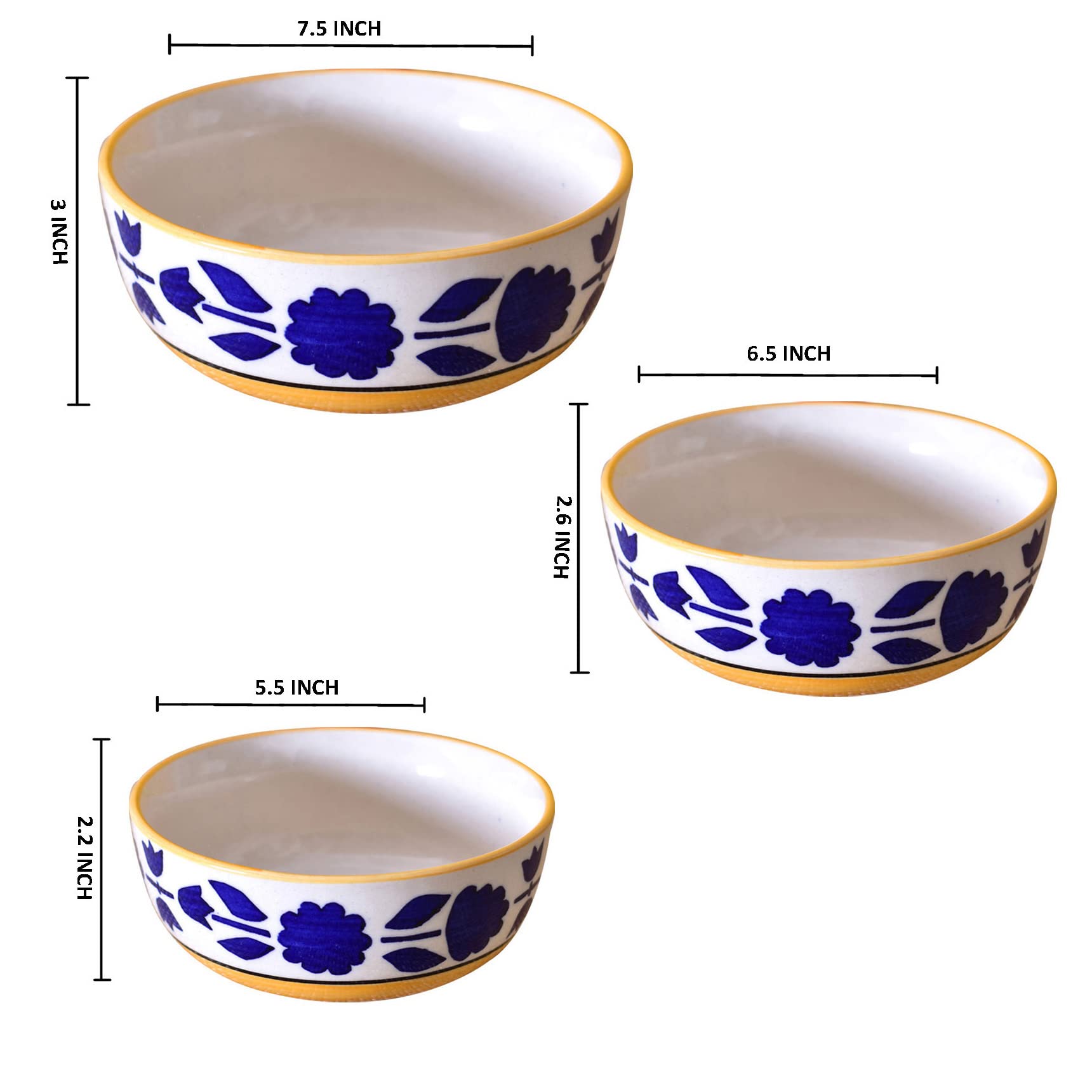 Kunhar Ceramic Mixing Bowls - 1500 ML, 800 ML and 600 ML, 3 Pieces, Yellow Blue