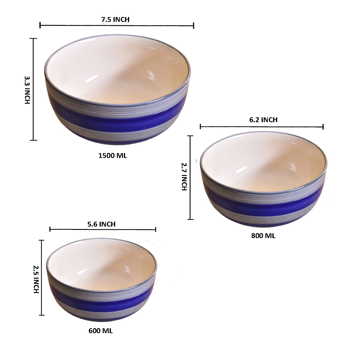 Kunhar Ceramic Mixing Bowls - 1500 ML, 800 ML and 600 ML, 3 Pieces, Monsoon