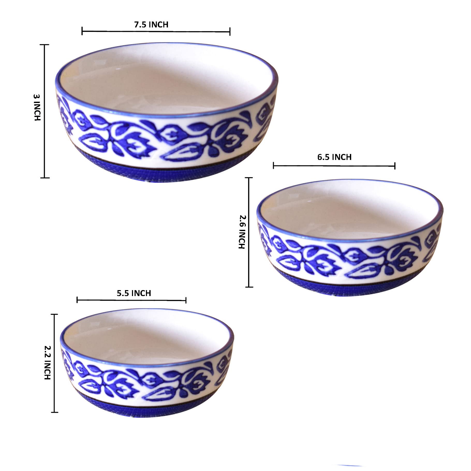 Kunhar Ceramic Mixing Bowls - 1500 ML, 800 ML and 600 ML, 3 Pieces, Blue