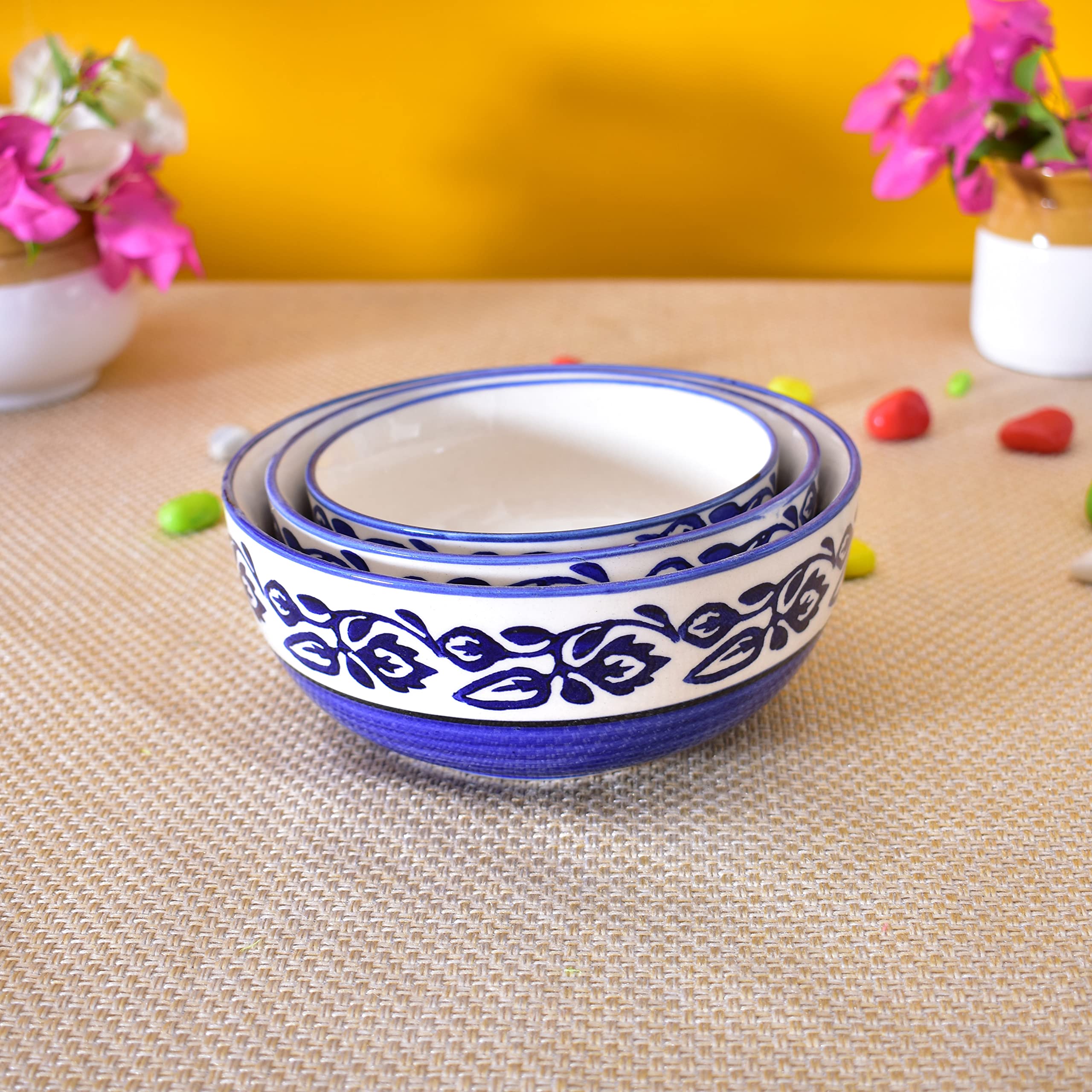 Kunhar Ceramic Mixing Bowls - 1500 ML, 800 ML and 600 ML, 3 Pieces, Blue