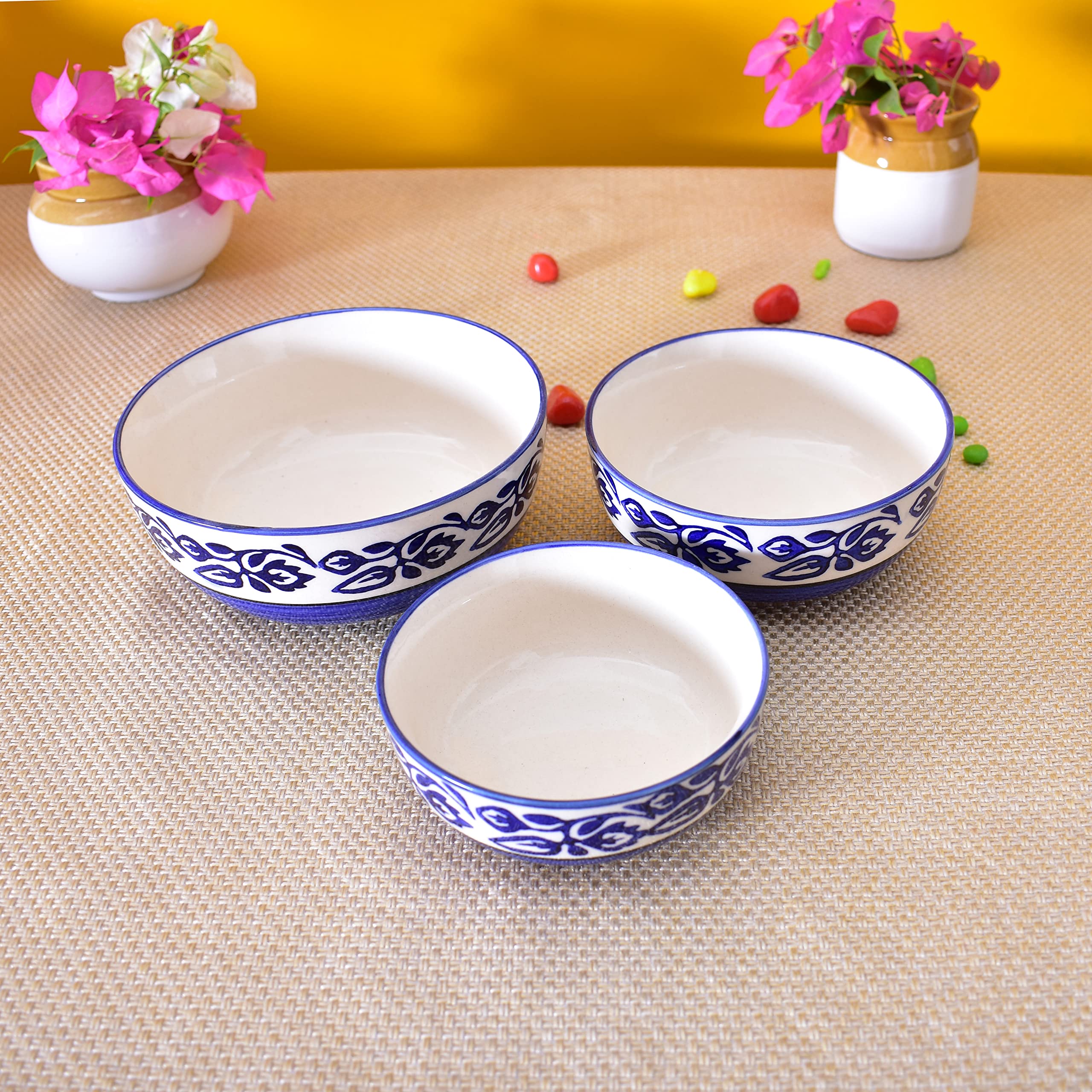 Kunhar Ceramic Mixing Bowls - 1500 ML, 800 ML and 600 ML, 3 Pieces, Blue