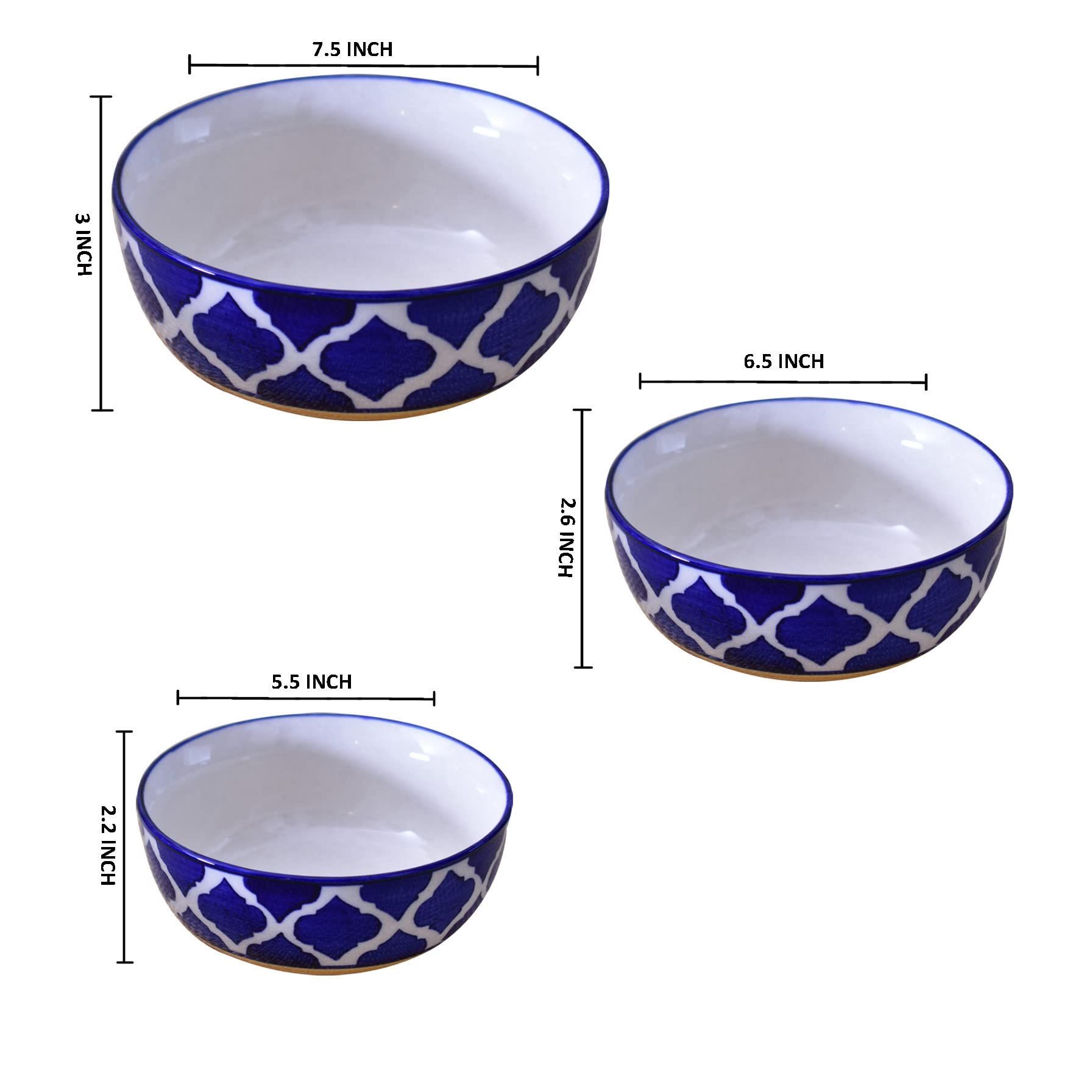 Kunhar Ceramic Mixing Bowls - 1500 ML, 800 ML and 600 ML, 3 Pieces, Yellow Blue Chidi