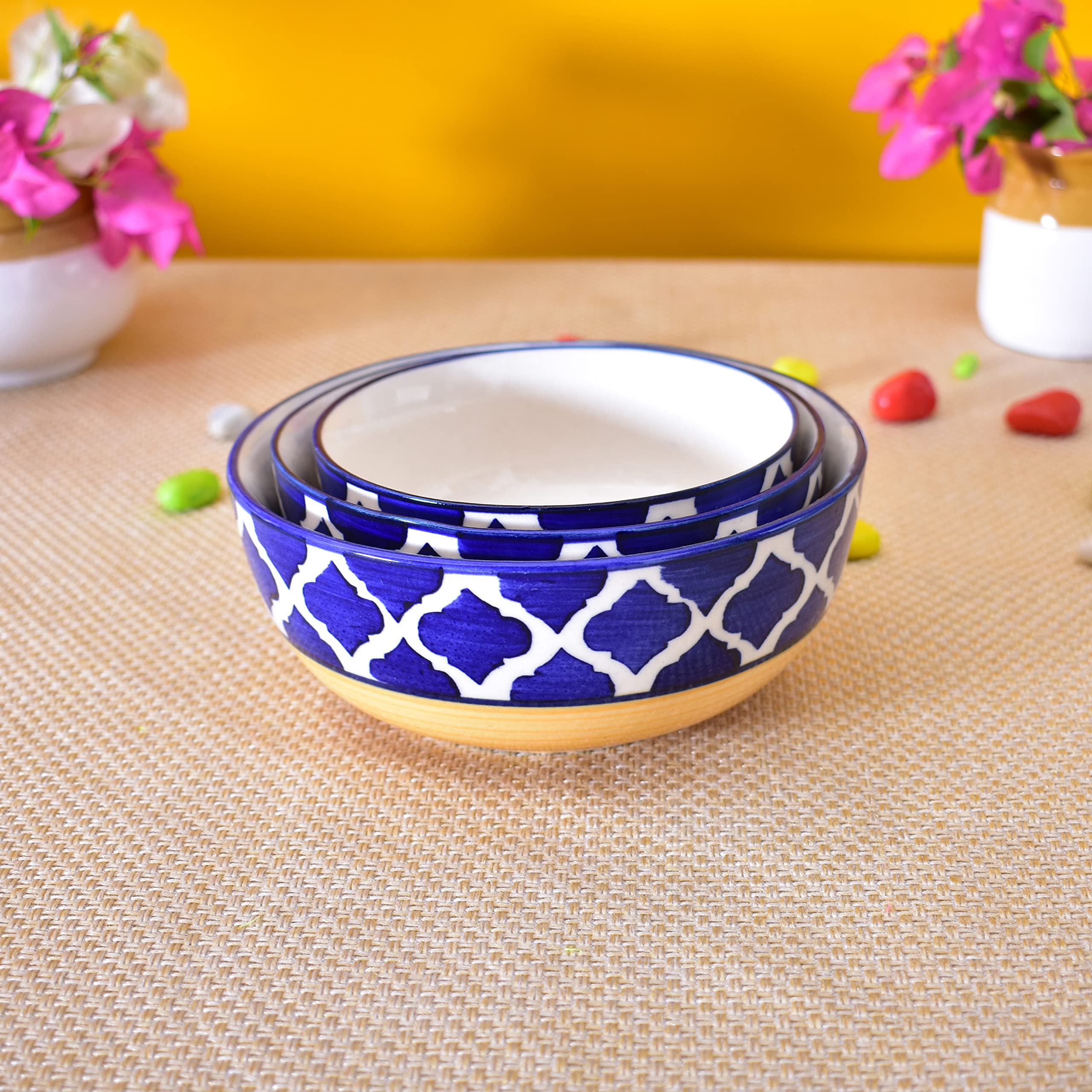 Kunhar Ceramic Mixing Bowls - 1500 ML, 800 ML and 600 ML, 3 Pieces, Yellow Blue Chidi