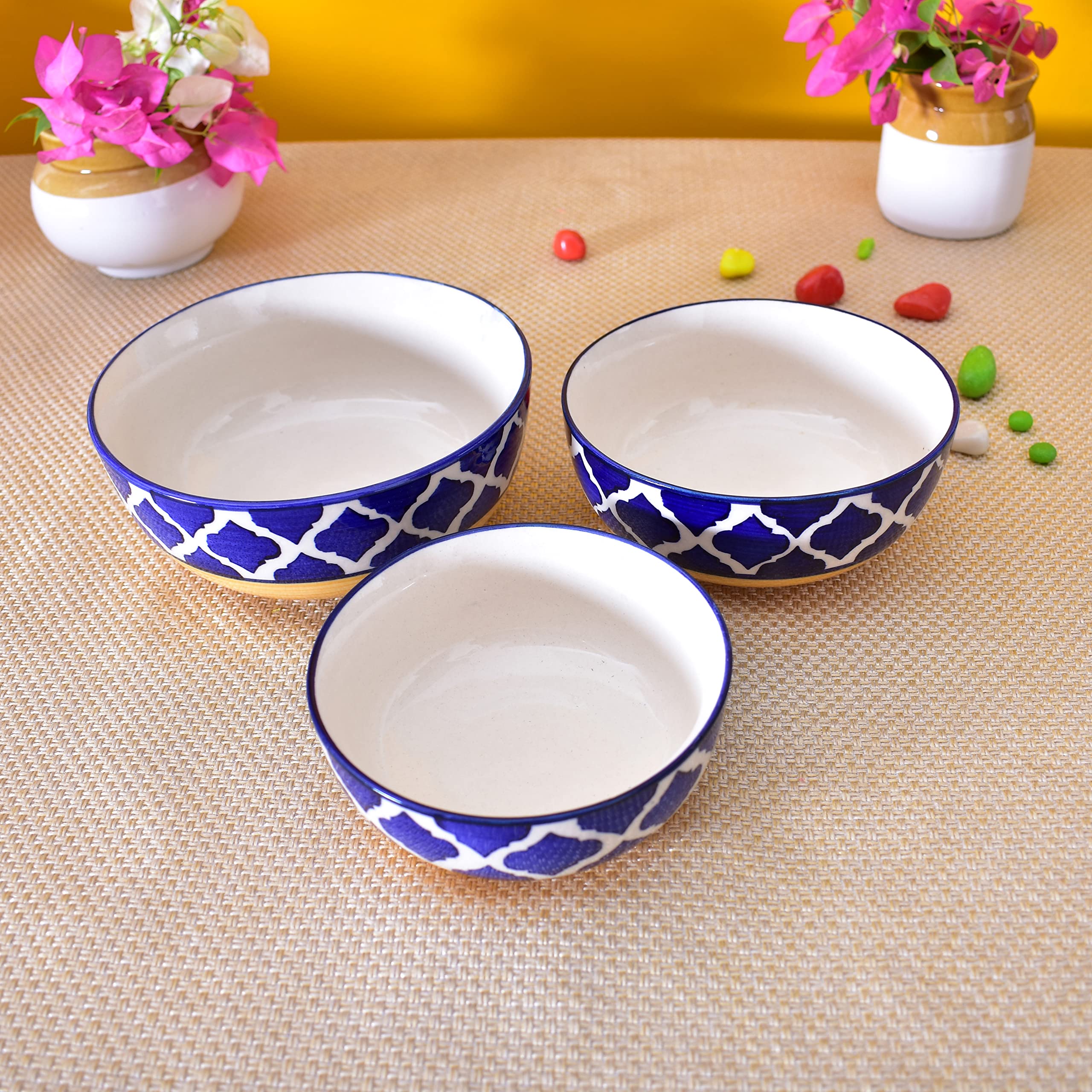 Kunhar Ceramic Mixing Bowls - 1500 ML, 800 ML and 600 ML, 3 Pieces, Yellow Blue Chidi