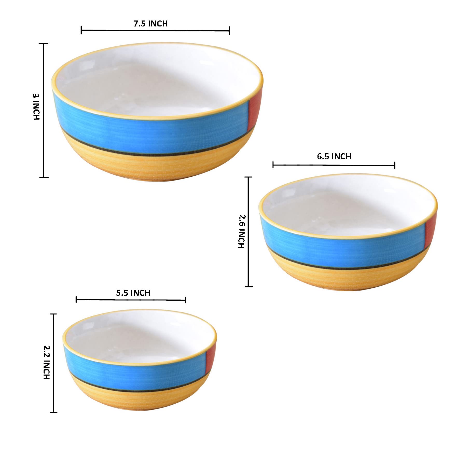 Kunhar Ceramic Mixing Bowls - 1500 ML, 800 ML and 600 ML, 3 Pieces, Yellow