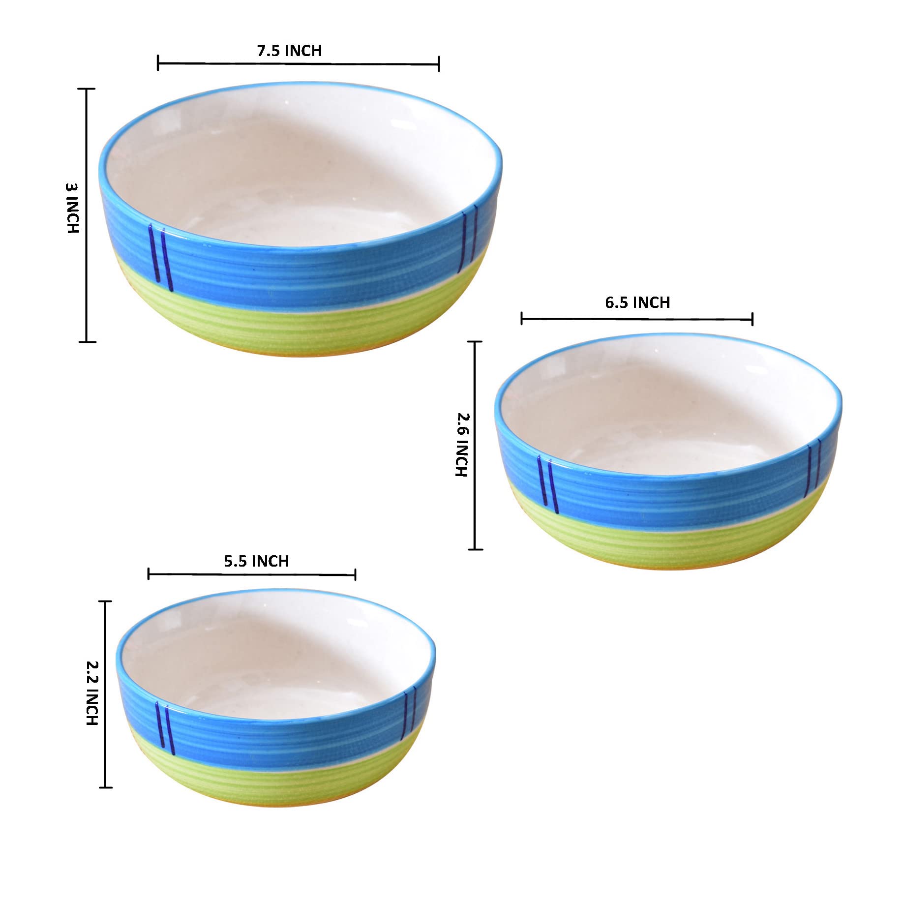 Kunhar Ceramic Mixing Bowls - 1500 ML, 800 ML and 600 ML, 3 Pieces, Green
