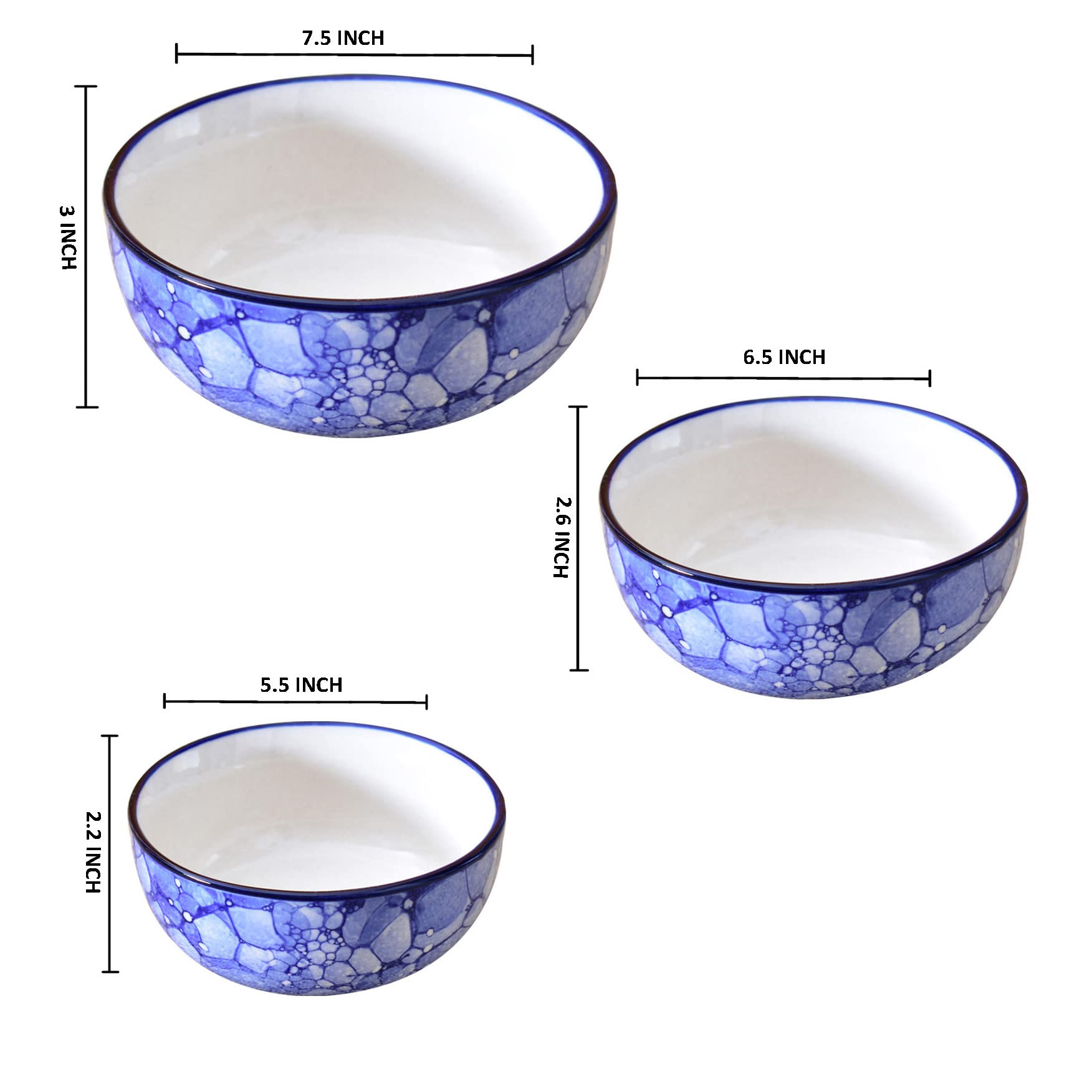 Kunhar Ceramic Mixing Bowls - 1500 ML, 800 ML and 600 ML, 3 Pieces, Blue Luster