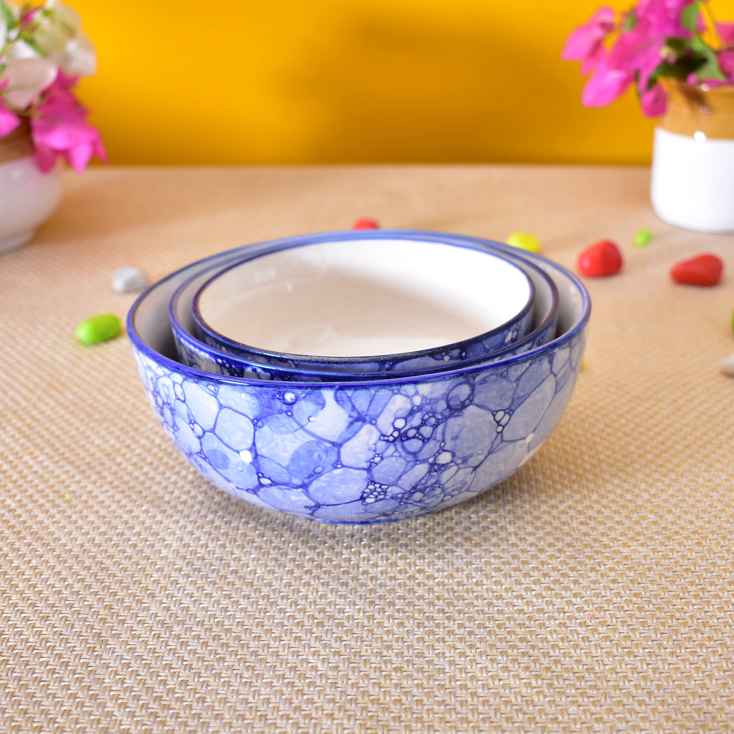 Kunhar Ceramic Mixing Bowls - 1500 ML, 800 ML and 600 ML, 3 Pieces, Blue Luster