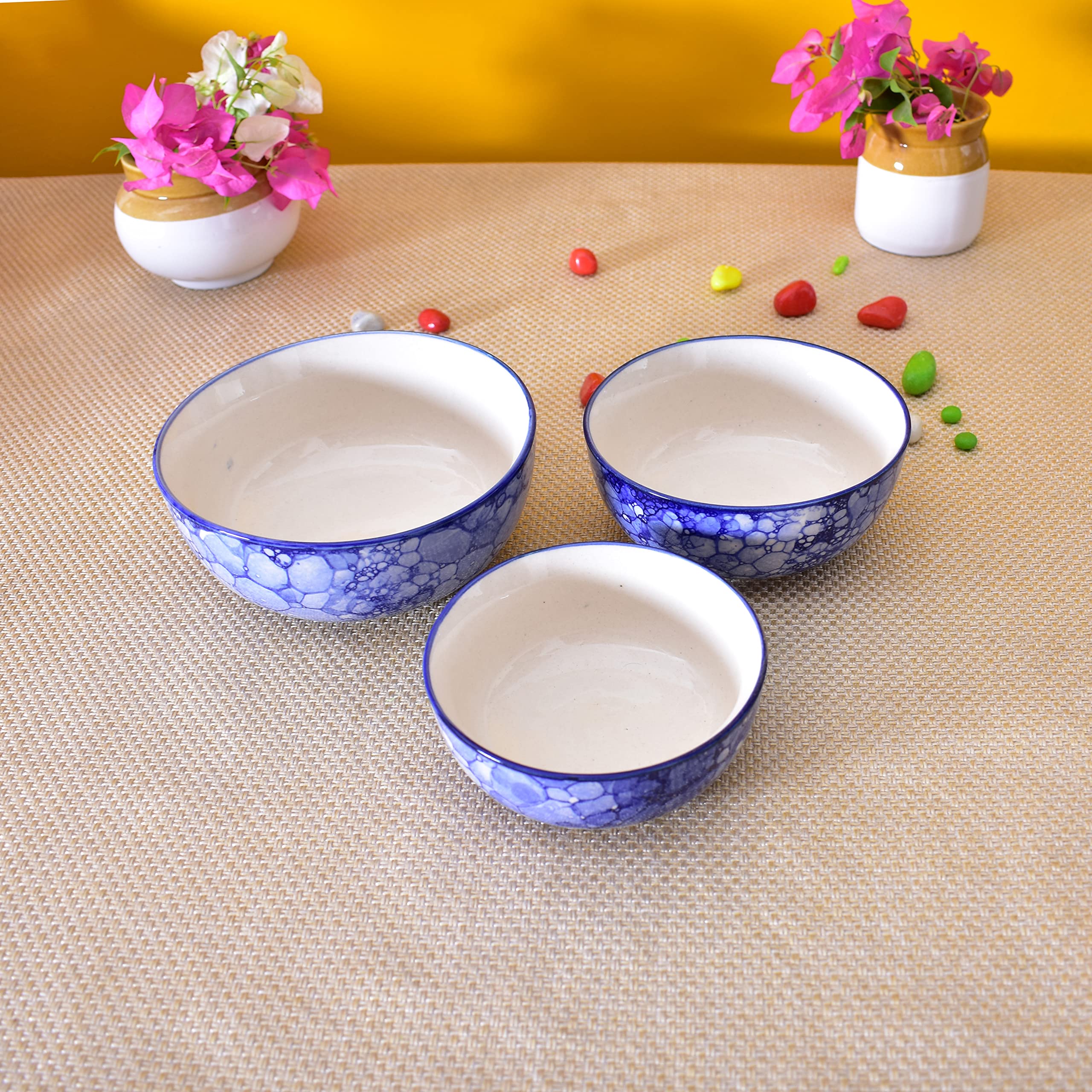 Kunhar Ceramic Mixing Bowls - 1500 ML, 800 ML and 600 ML, 3 Pieces, Blue Luster