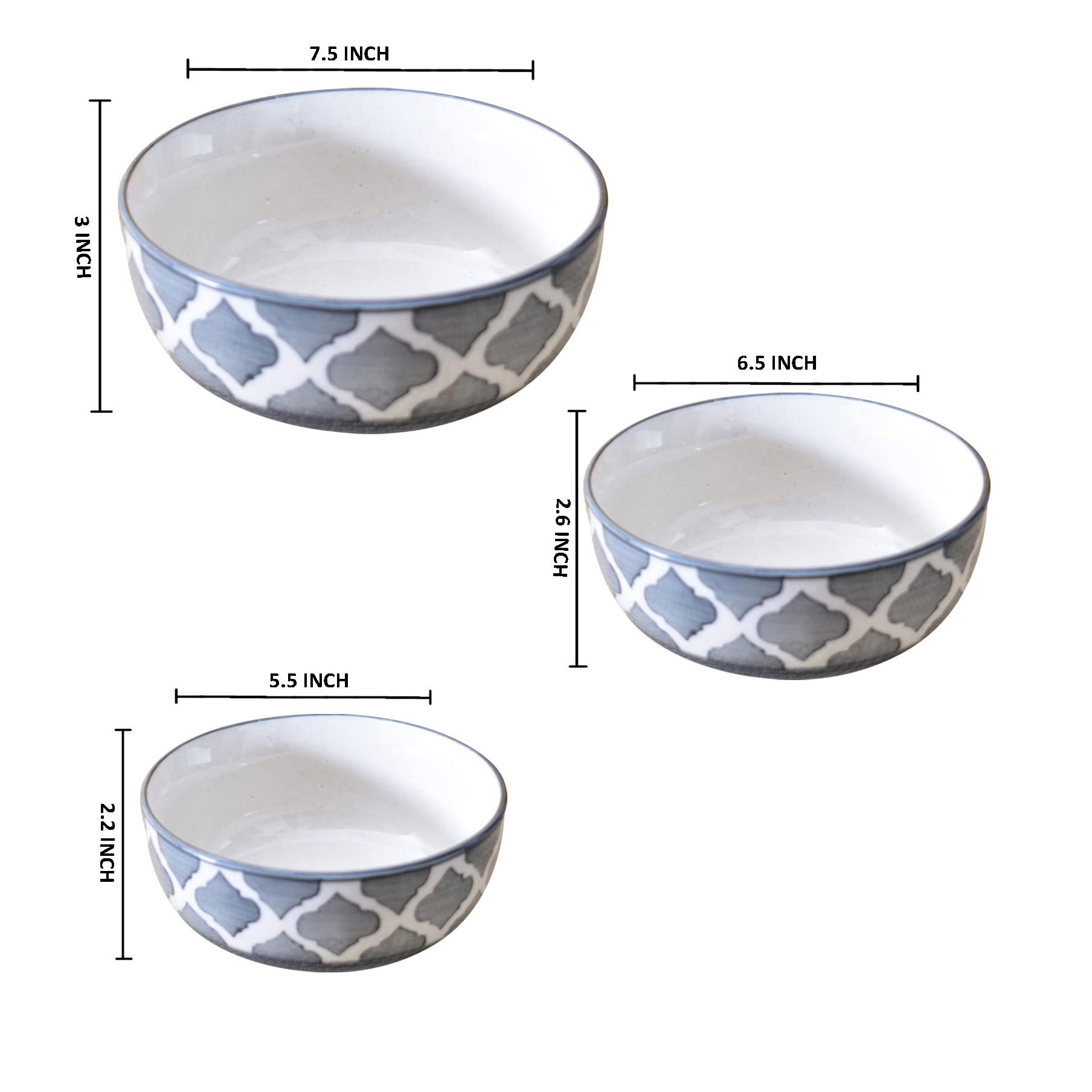Kunhar Ceramic Mixing Bowls - 1500 ML, 800 ML and 600 ML, 3 Pieces, Grey