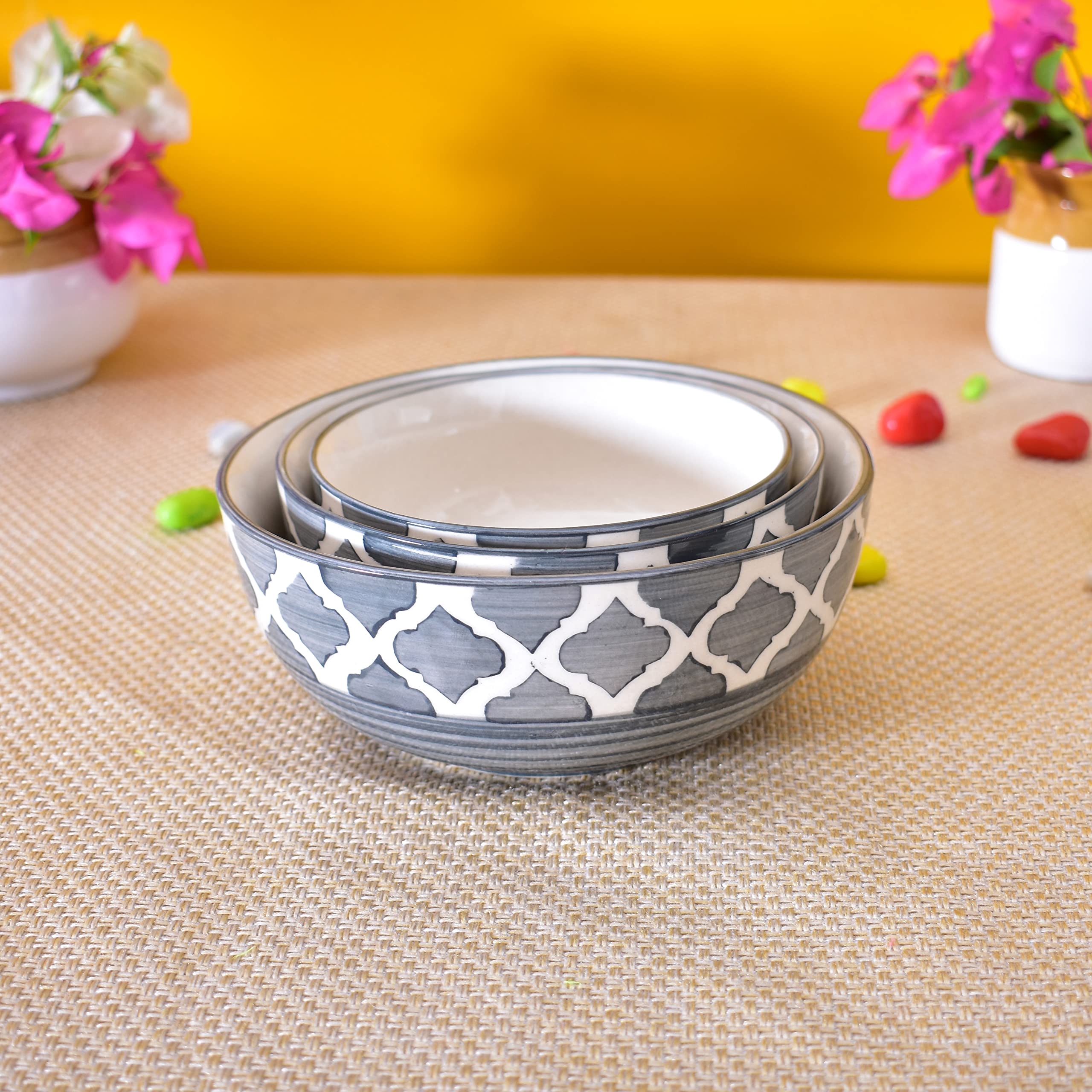 Kunhar Ceramic Mixing Bowls - 1500 ML, 800 ML and 600 ML, 3 Pieces, Grey