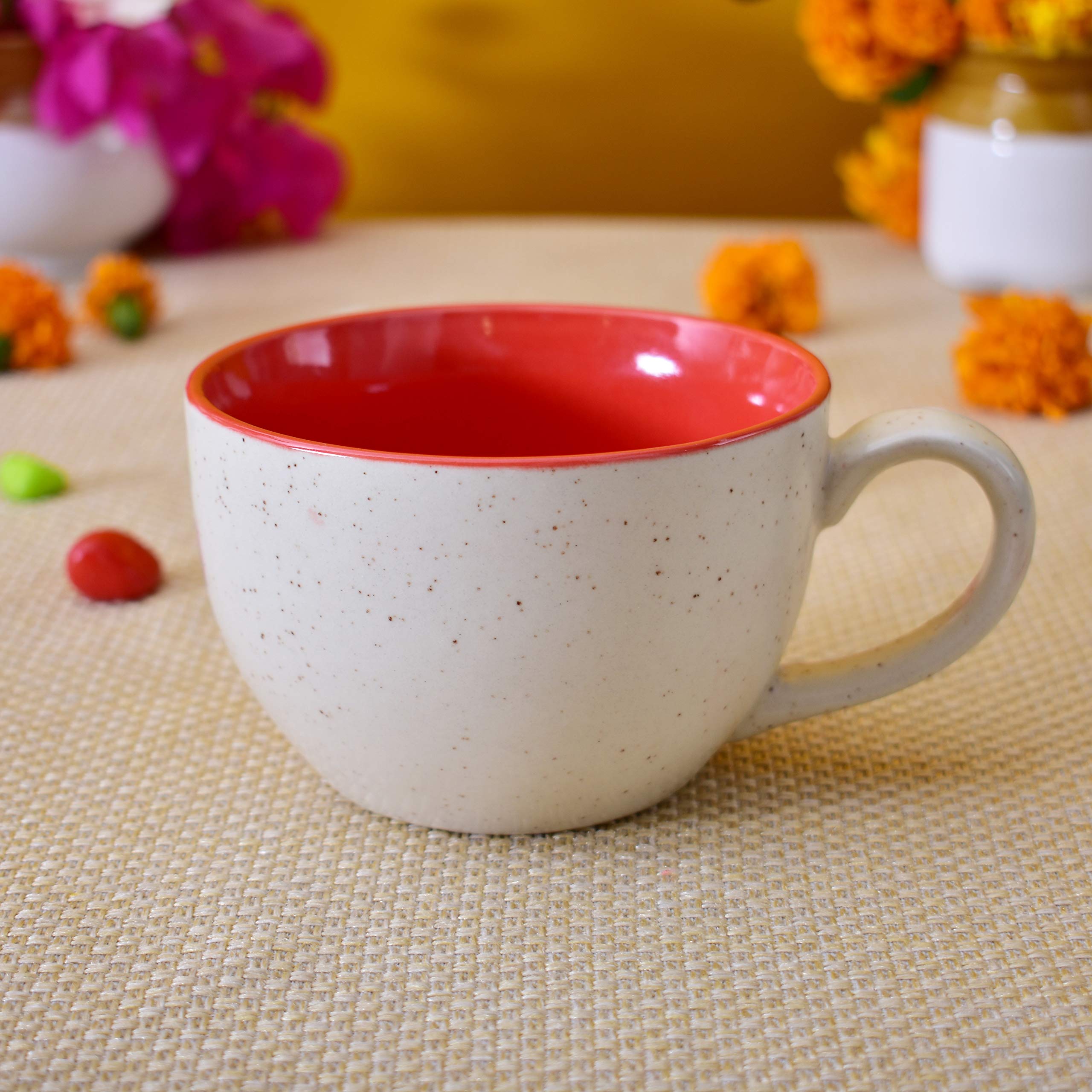 Kunhar Ceramic Soup Mug - White Red, 4 Piece, 350 ML