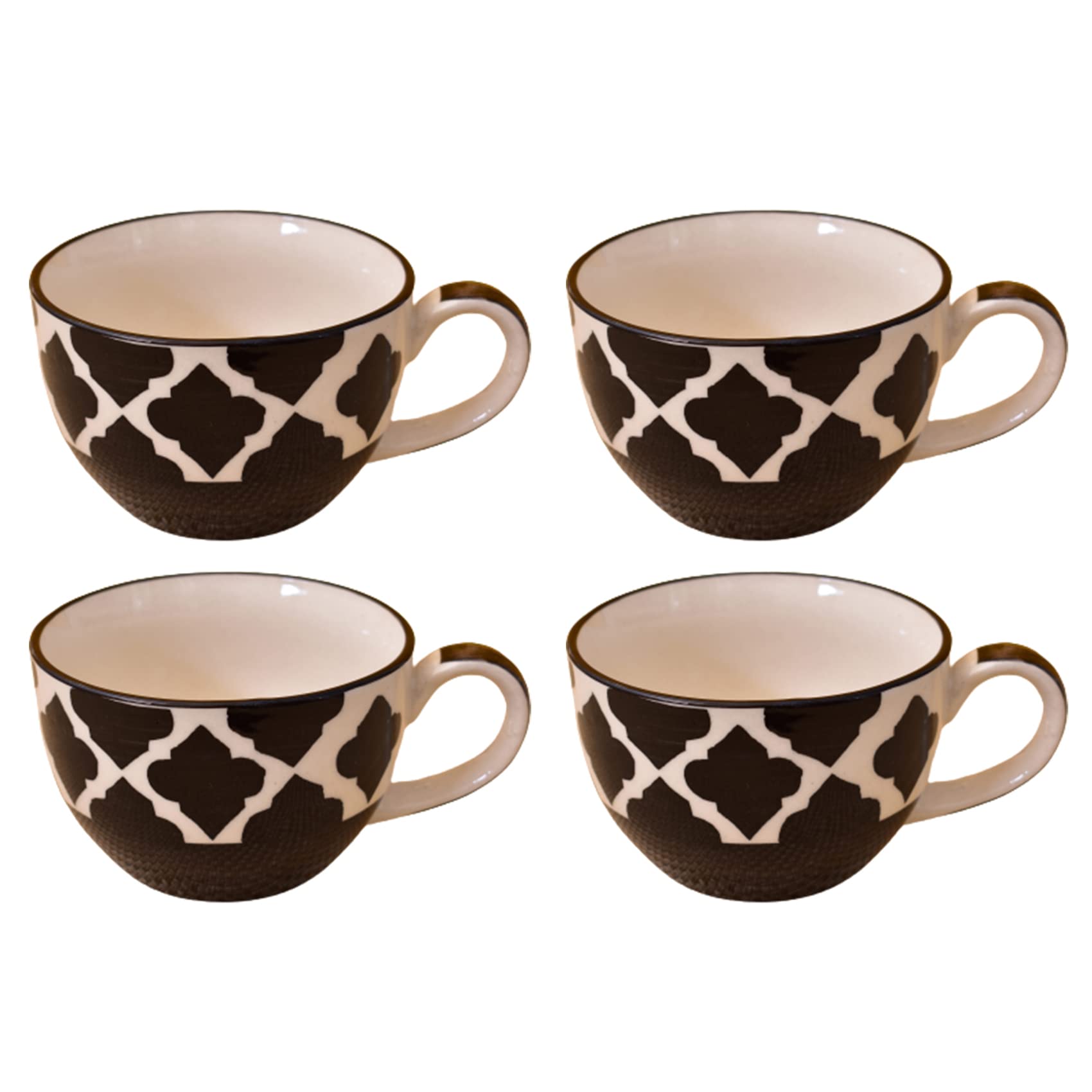 Kunhar Ceramic Soup Mug - White Black, 4 Piece, 350 ML