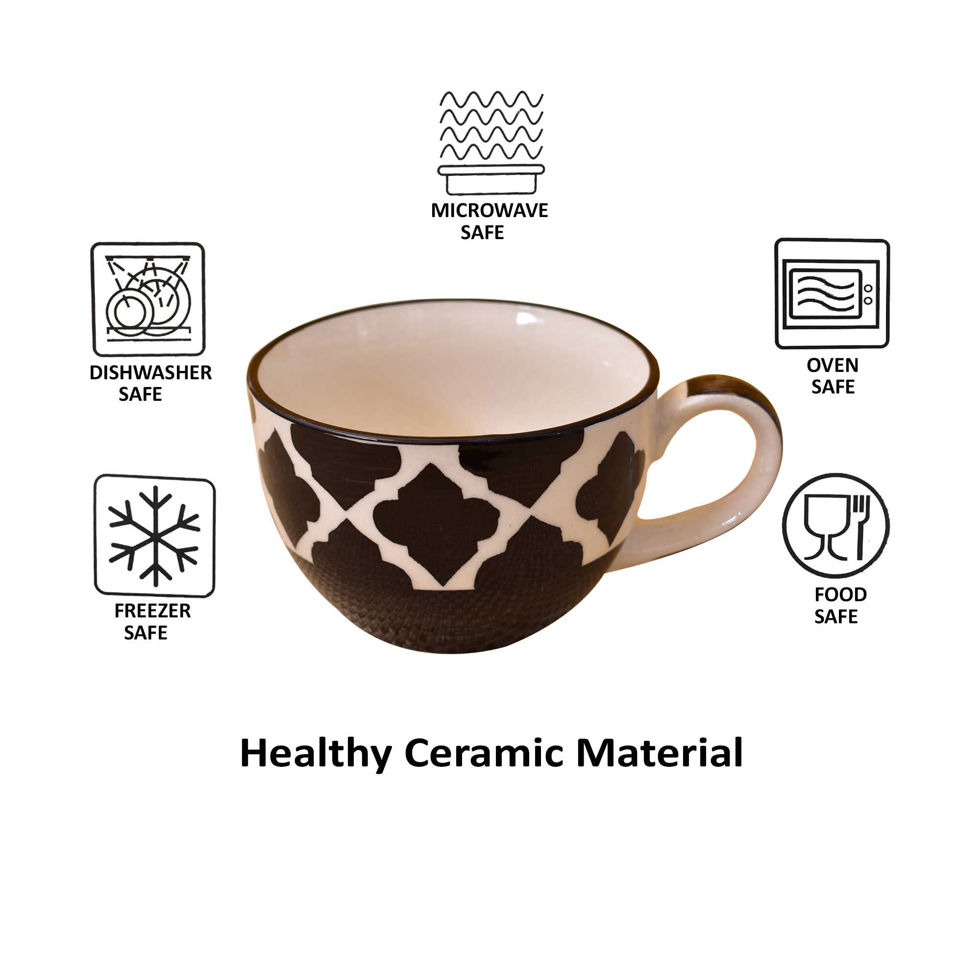 Kunhar Ceramic Soup Mug - White Black, 4 Piece, 350 ML