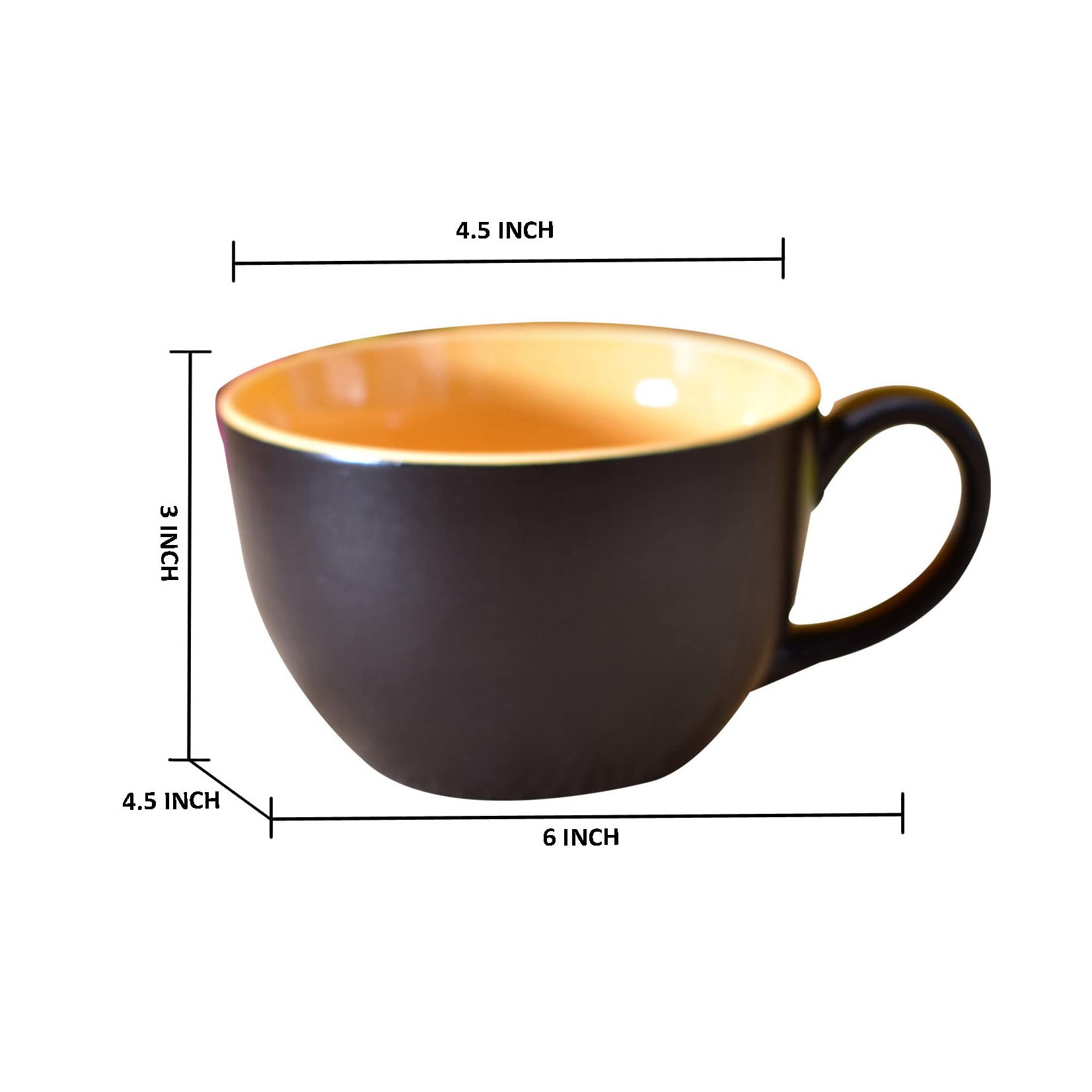 Kunhar Ceramic Soup Mug - Black Orange, 4 Piece, 350 ML