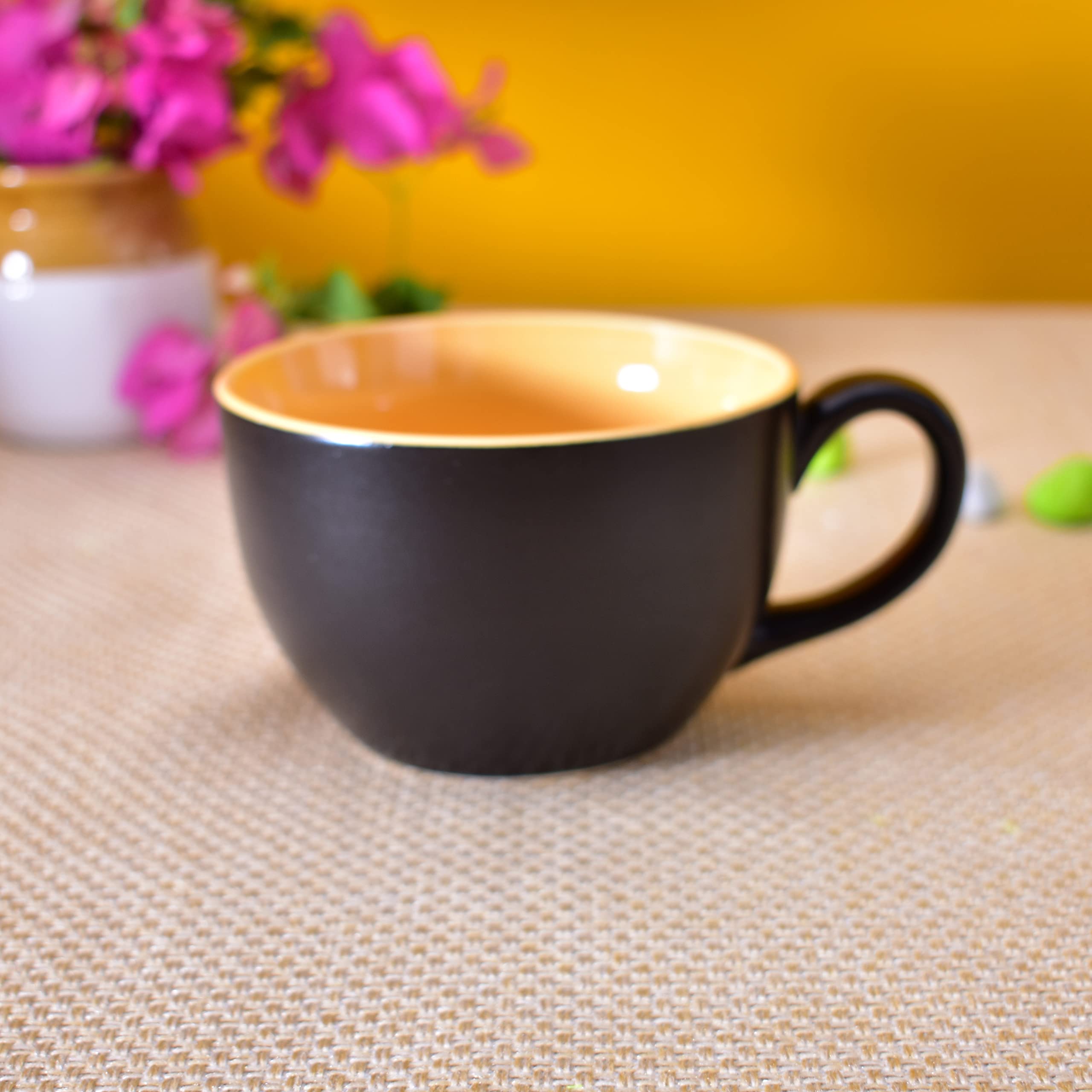 Kunhar Ceramic Soup Mug - Black Orange, 4 Piece, 350 ML