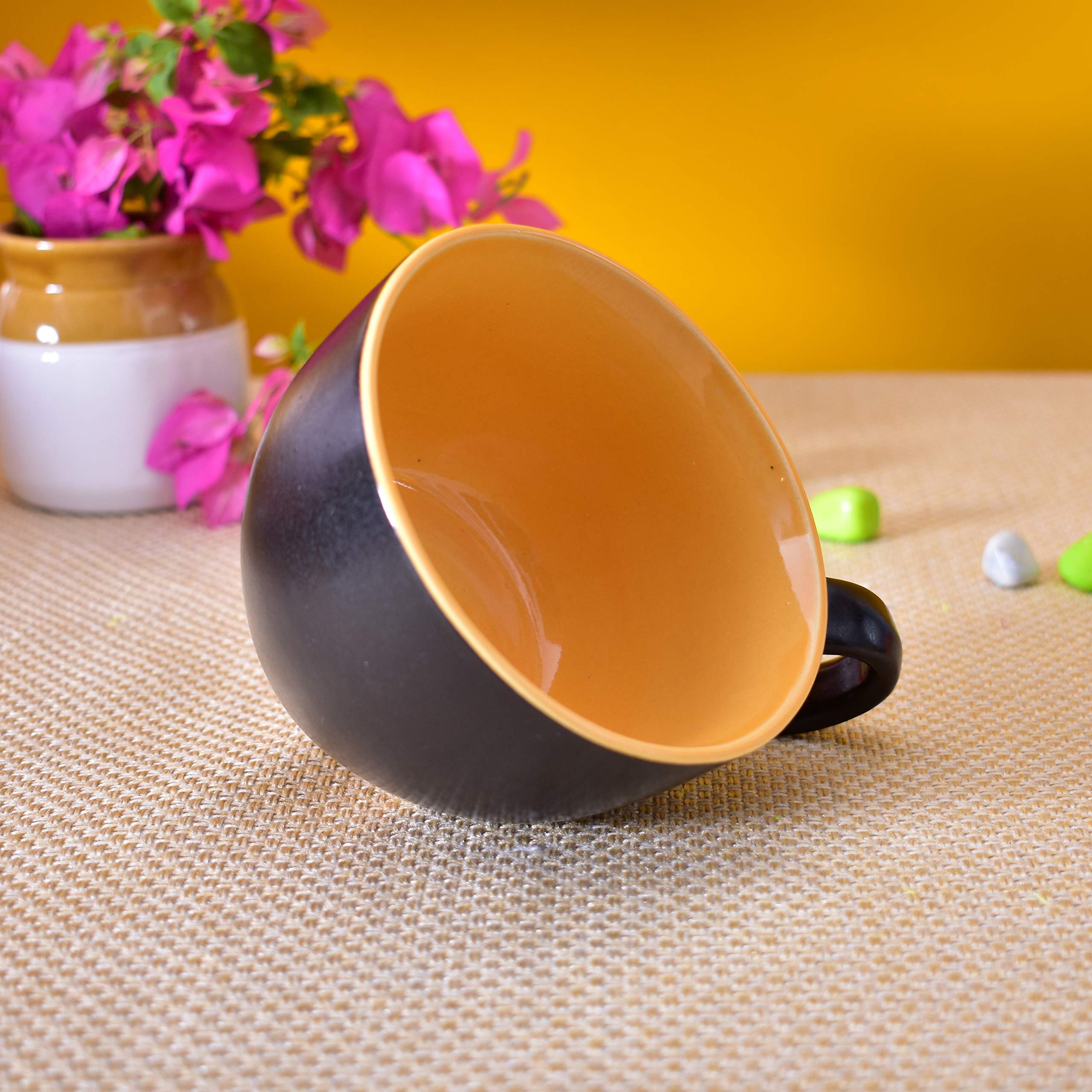 Kunhar Ceramic Soup Mug - Black Orange, 4 Piece, 350 ML