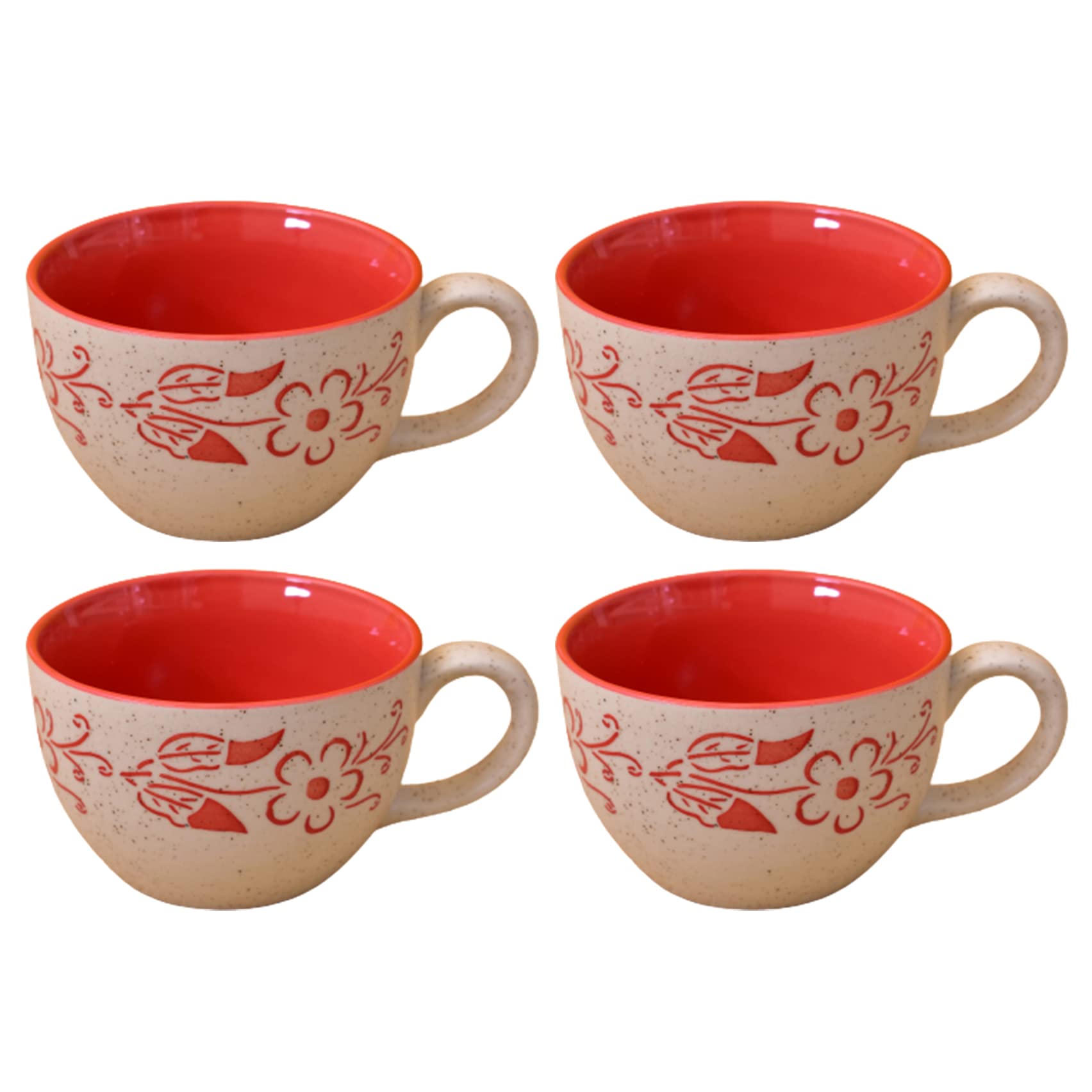 Kunhar Ceramic Soup Mug - White Red, 4 Piece, 350 ML