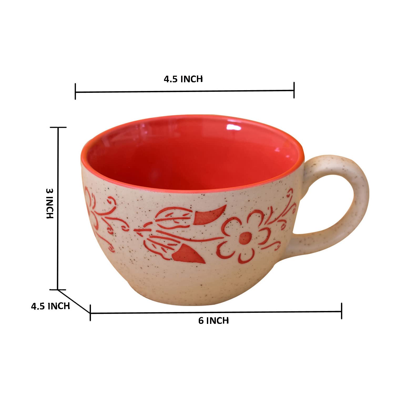 Kunhar Ceramic Soup Mug - White Red, 4 Piece, 350 ML