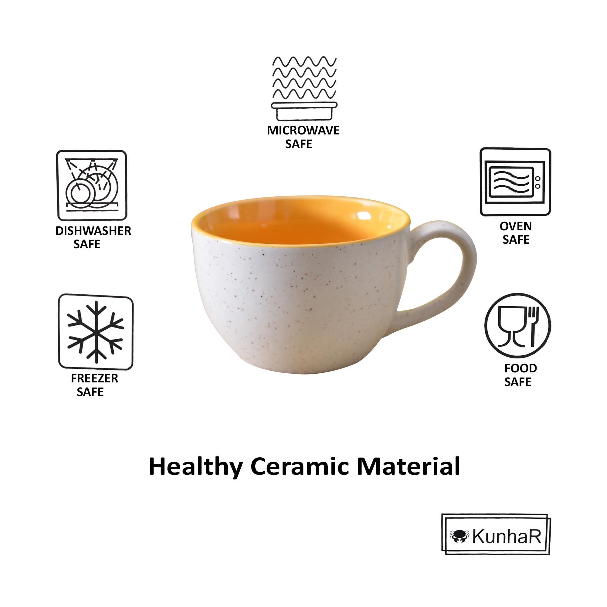 Kunhar Ceramic Soup Mug - White Yellow, 4 Piece, 350 ML