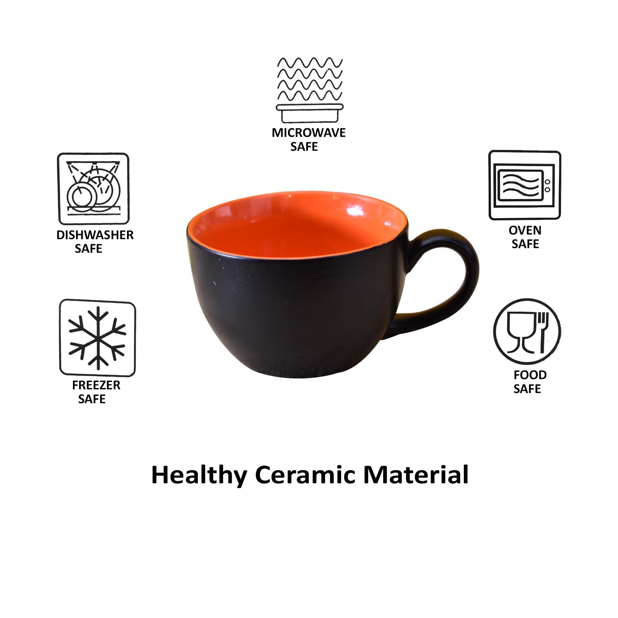 Kunhar Ceramic Soup Mug - Black Red, 4 Piece, 350 ML