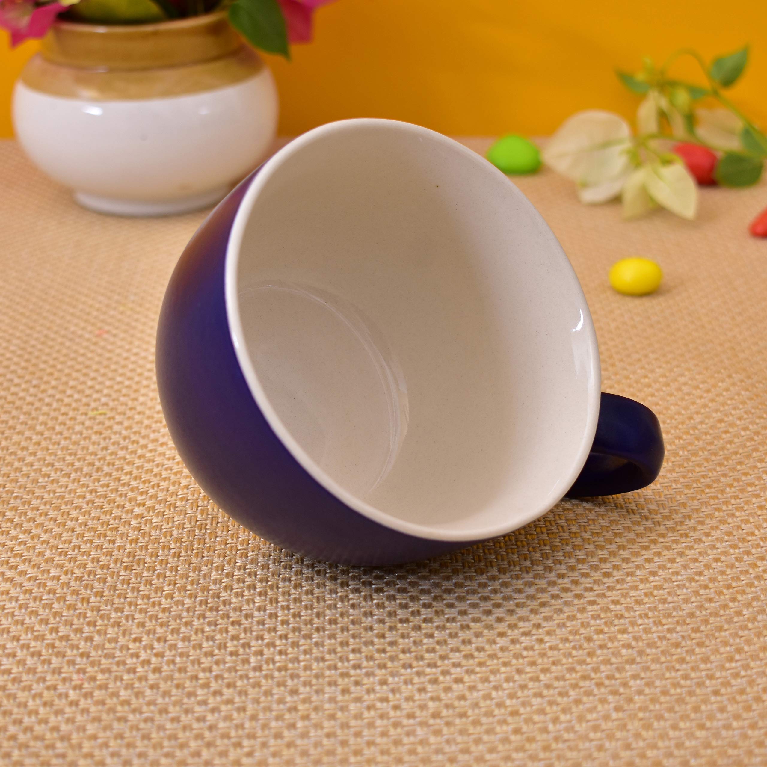 Kunhar Ceramic Soup Mug - White Blue, 4 Piece, 350 ML