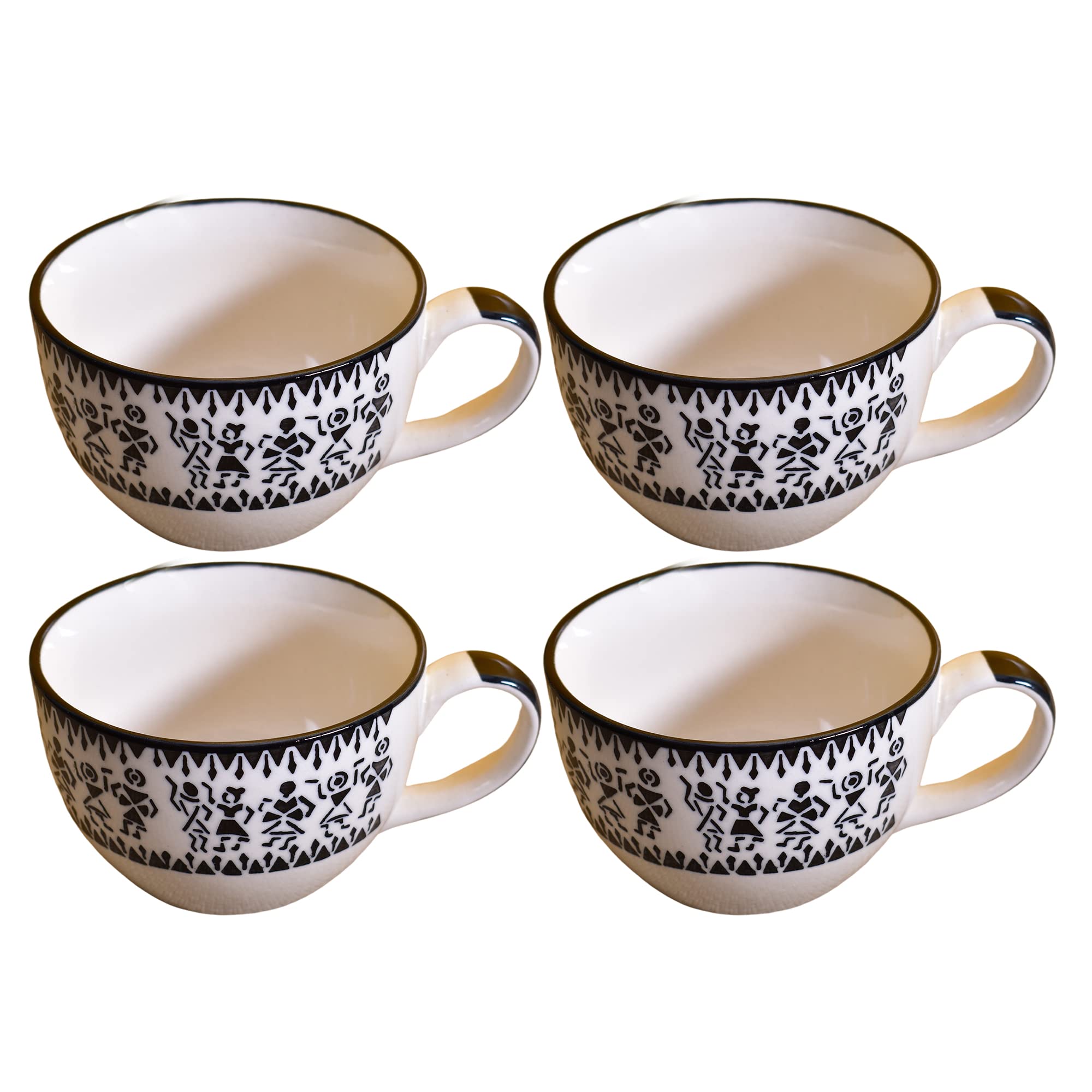 Kunhar Ceramic Soup Mug - White Warli Painting, 4 Pieces, 350 ML