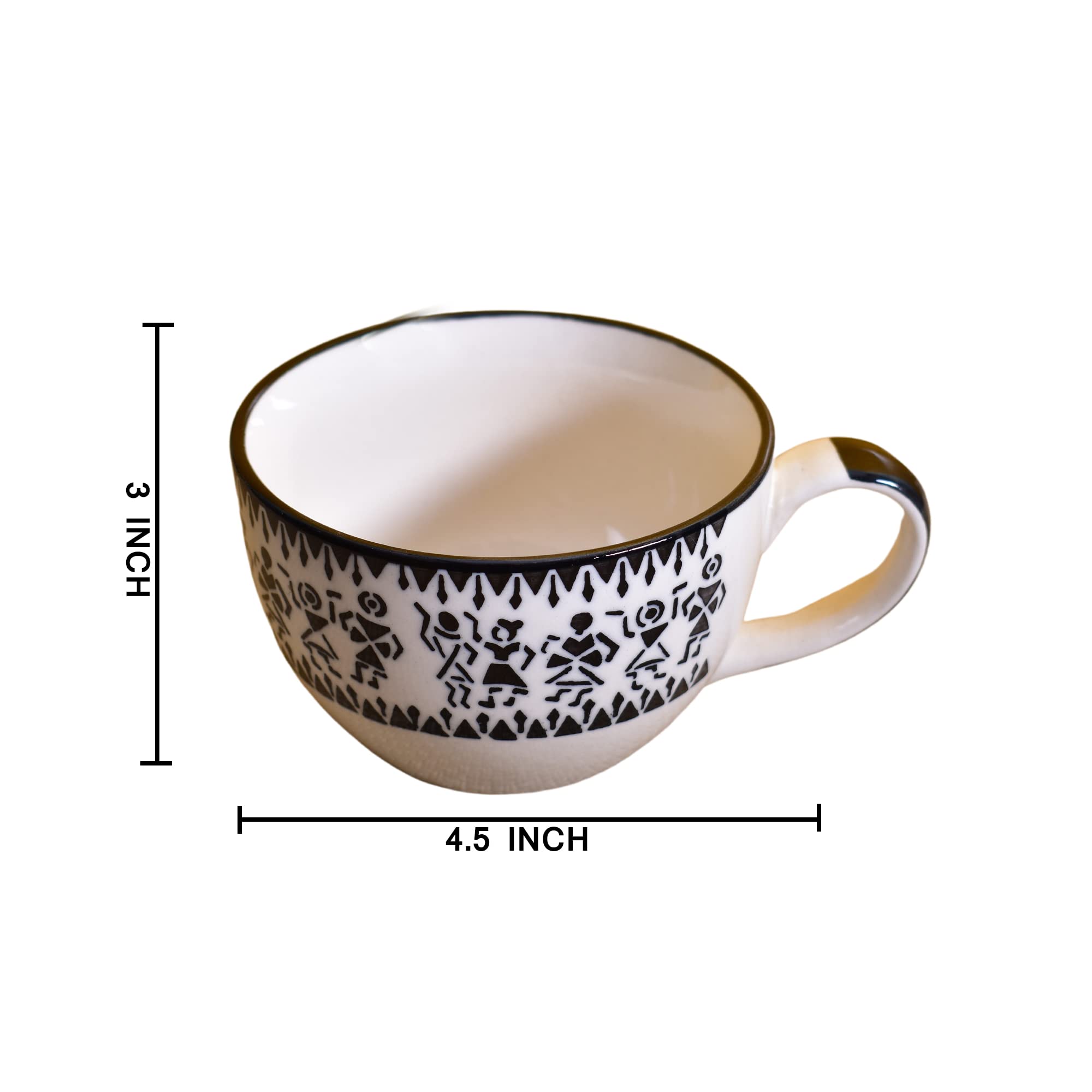 Kunhar Ceramic Soup Mug - White Warli Painting, 4 Pieces, 350 ML