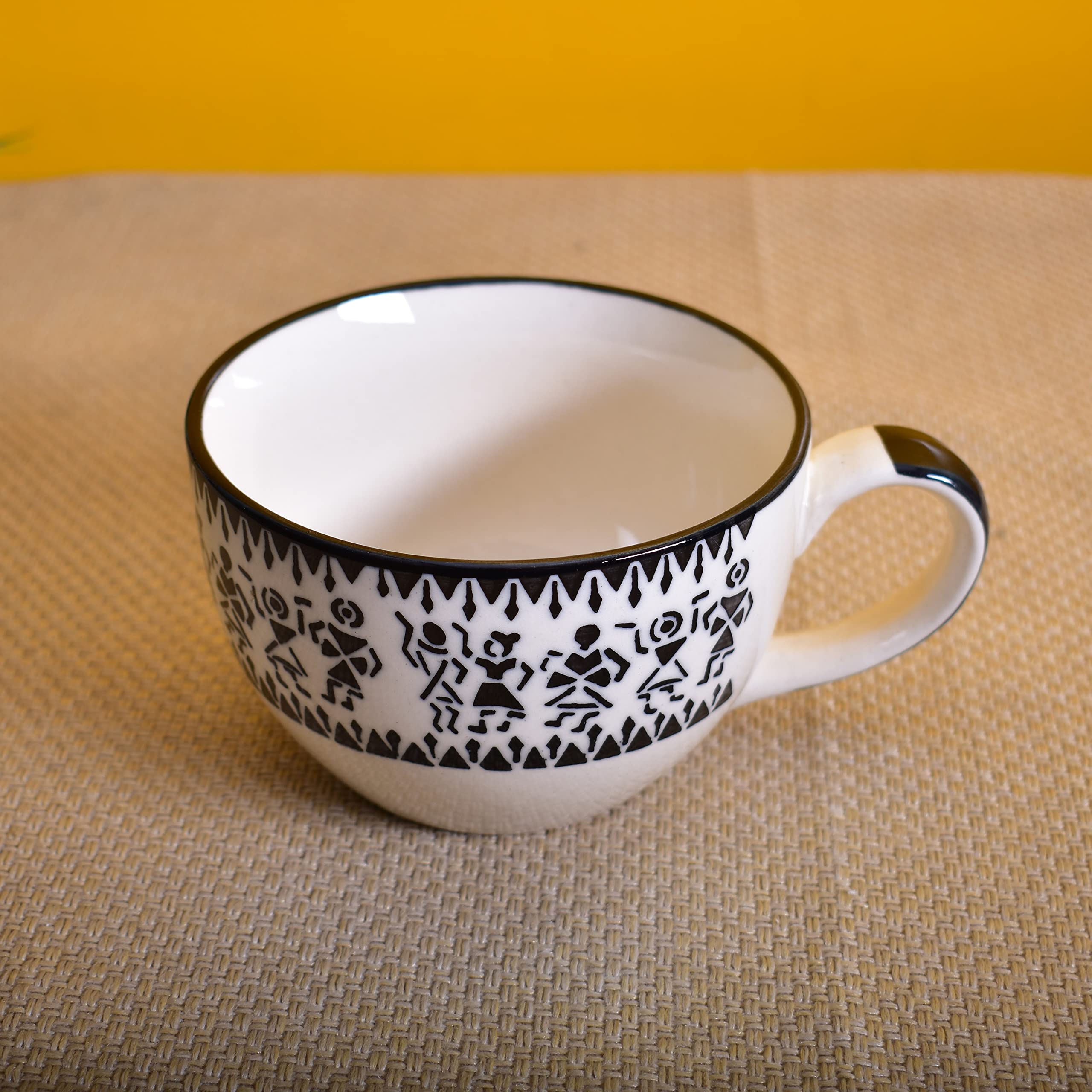 Kunhar Ceramic Soup Mug - White Warli Painting, 4 Pieces, 350 ML