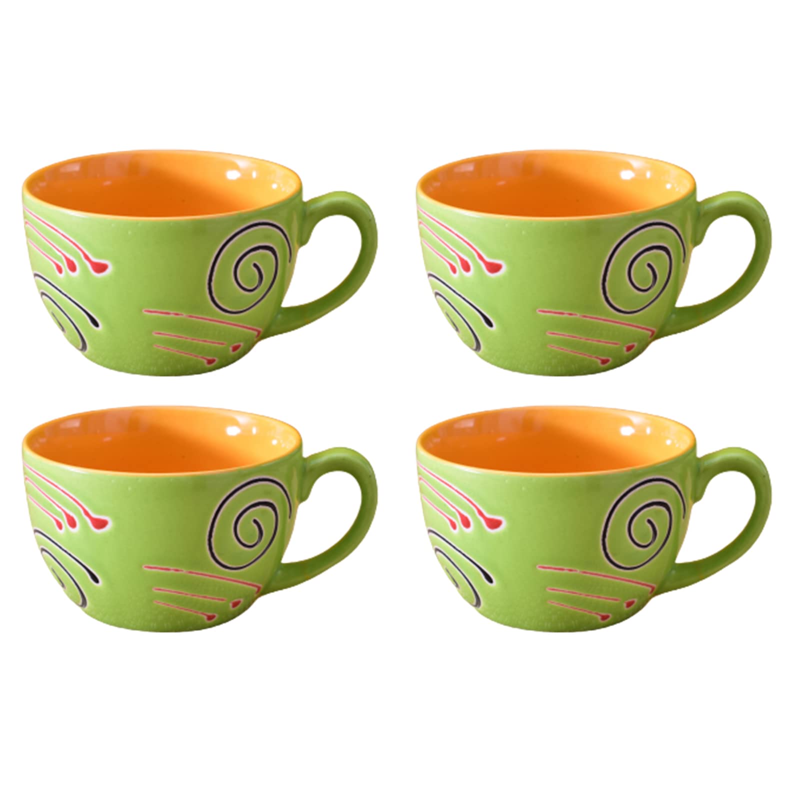Kunhar Ceramic Soup Mug - Green Orange, 4 Piece, 350 ML