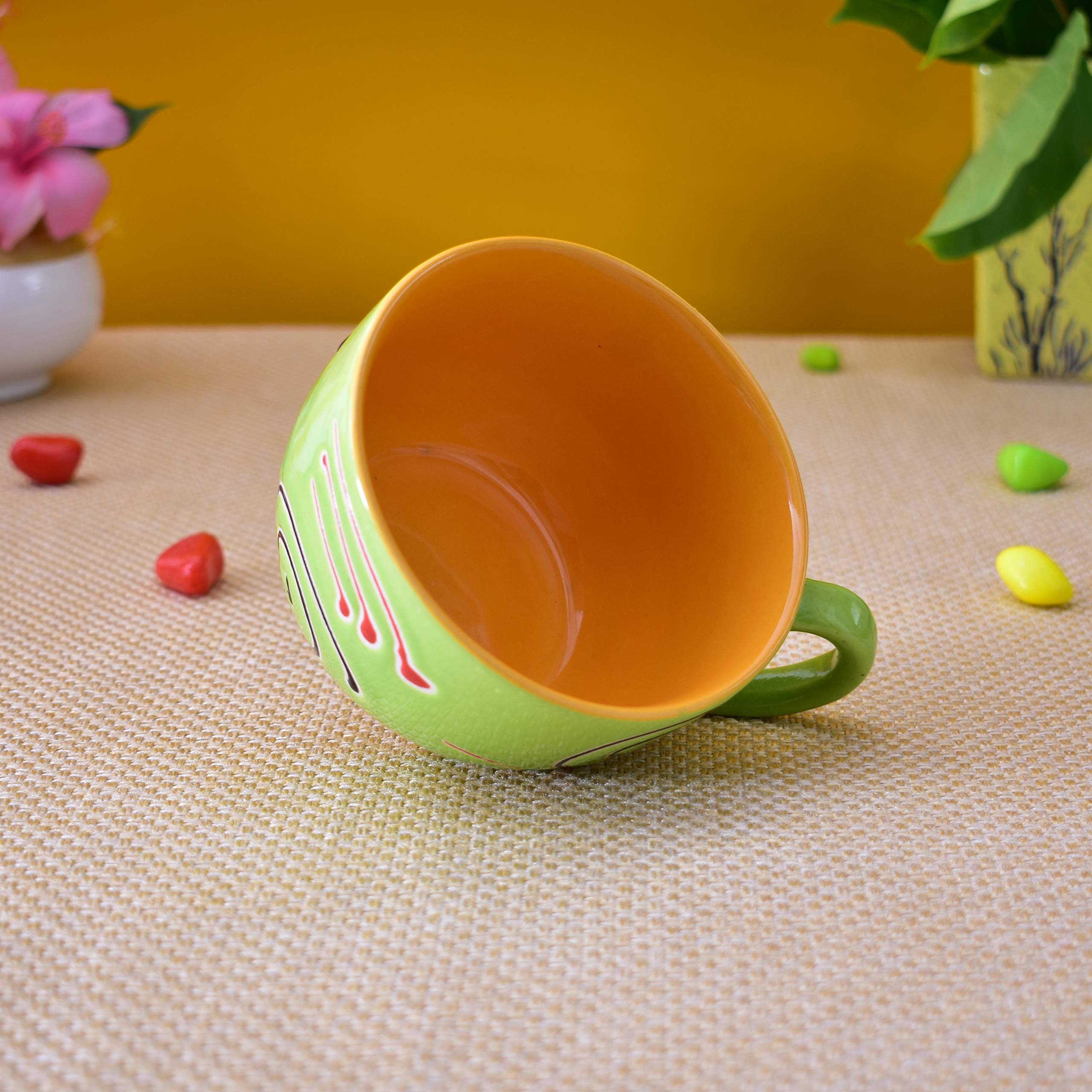 Kunhar Ceramic Soup Mug - Green Orange, 4 Piece, 350 ML