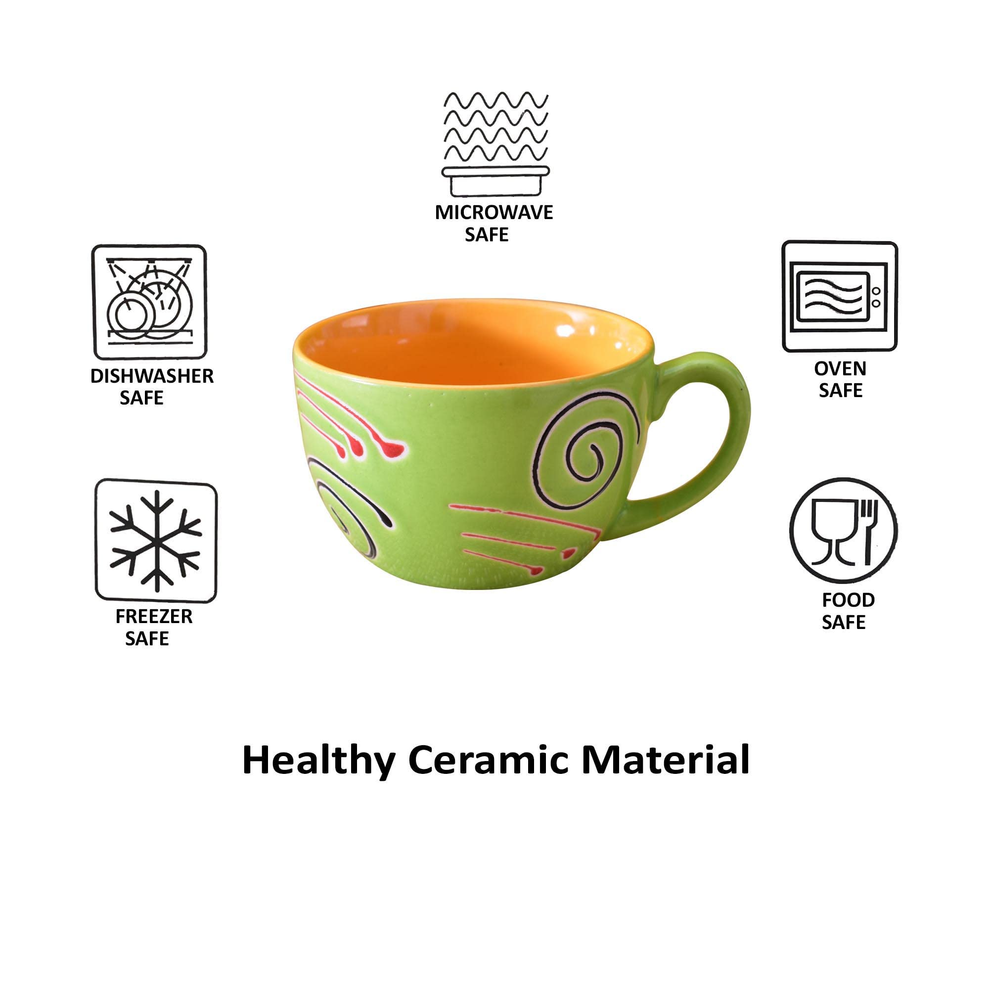 Kunhar Ceramic Soup Mug - Green Orange, 4 Piece, 350 ML