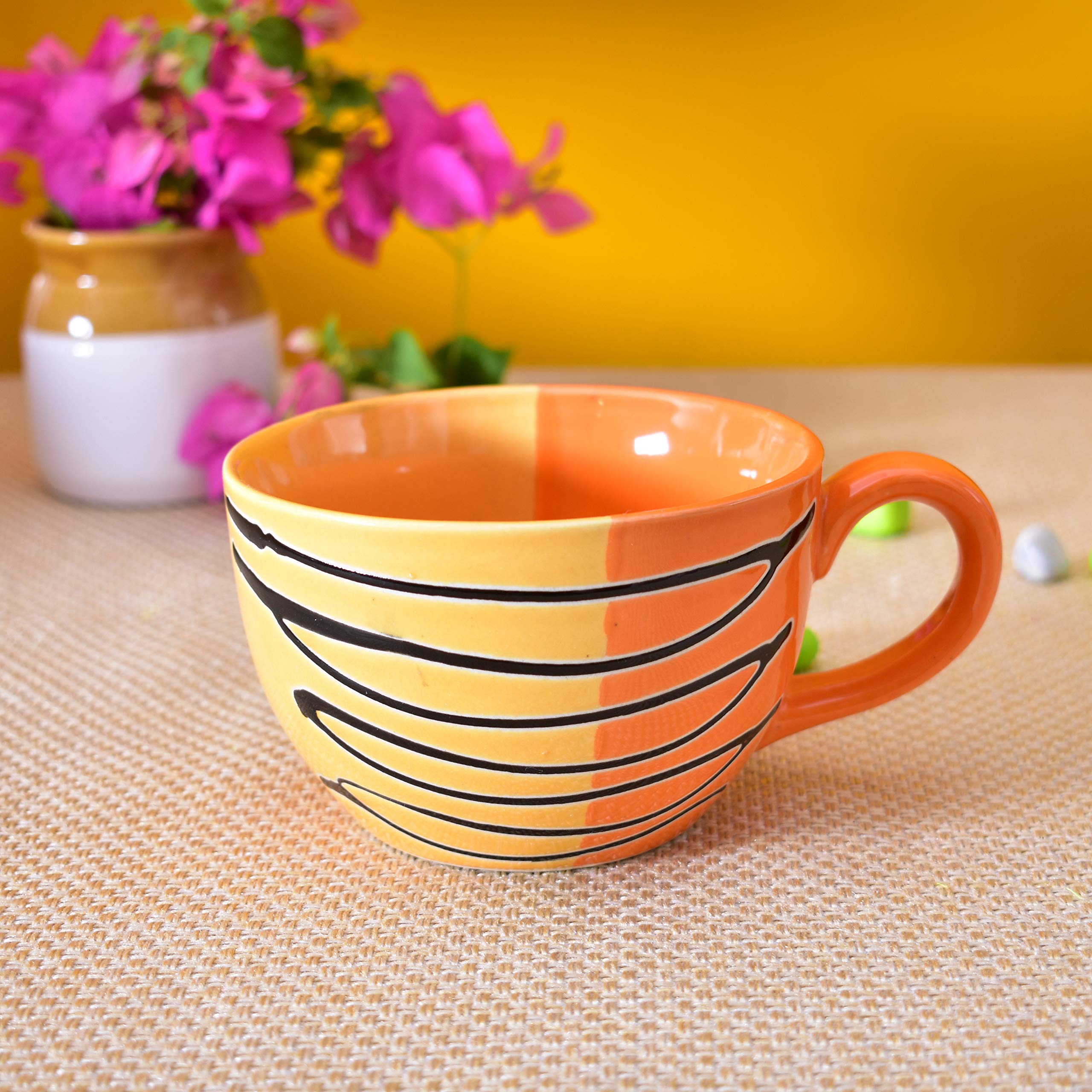 Kunhar Ceramic Soup Mug - Orange Yellow, 4 Piece, 350 ML