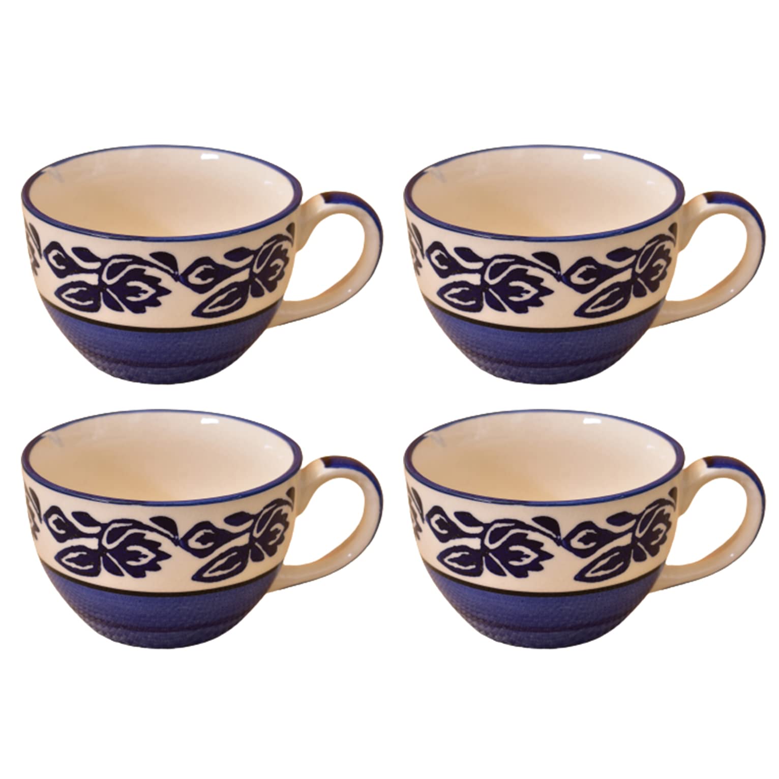 Kunhar Ceramic Soup Mug - Blue Vine, 4 Piece, 350 ML