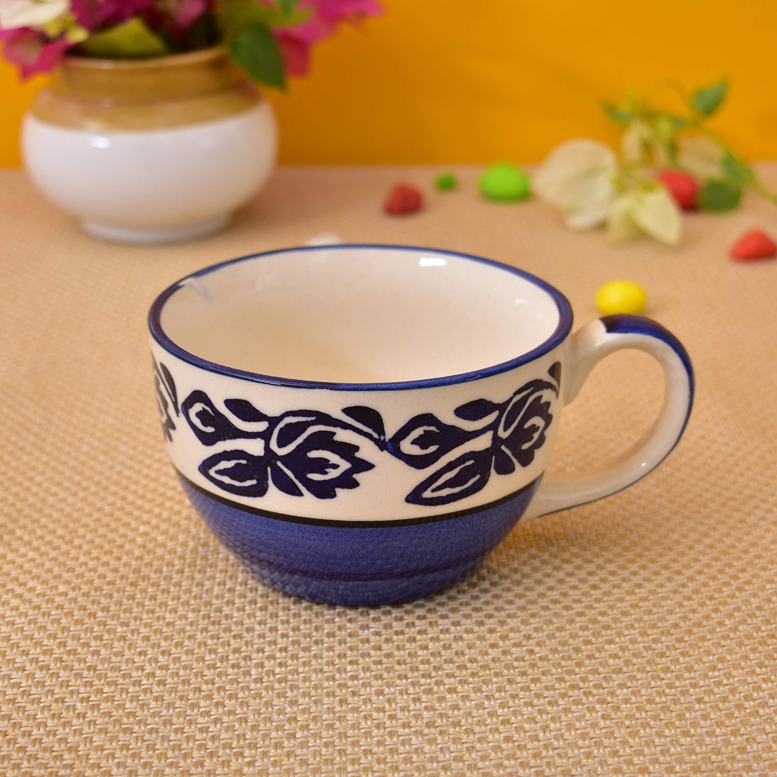 Kunhar Ceramic Soup Mug - Blue Vine, 4 Piece, 350 ML